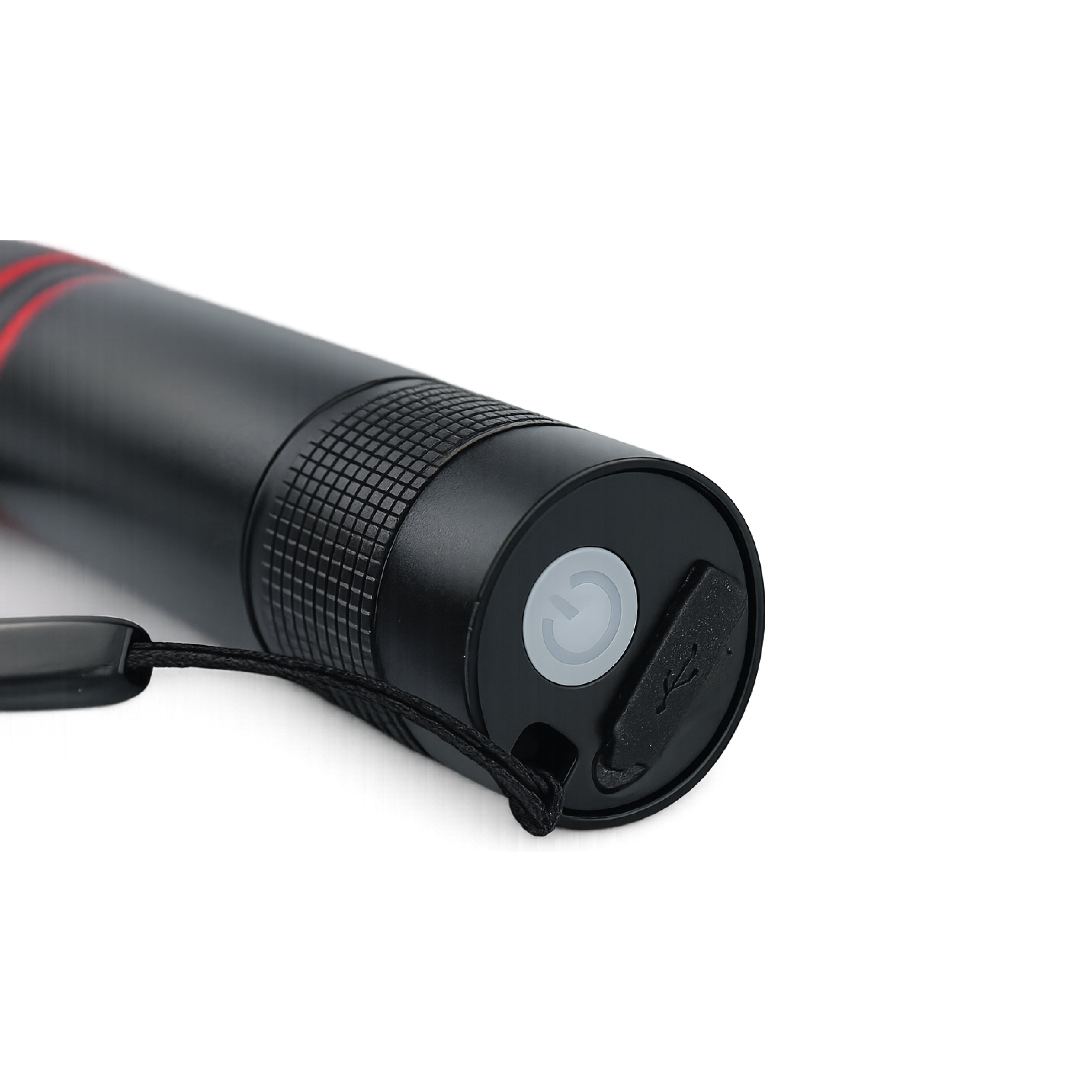 Close-up showing the USB-C charging
port, charging indicator and power
button on the DOMIRA rechargeable
LED flashlight.