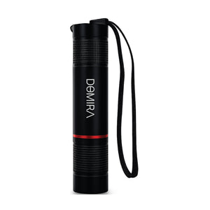 Front view of the DOMIRA rechargeable LED
torch featuring a compact aluminium body,
USB-C rechargeable design and powerful
LED flashlight beam for everyday and
emergency use.