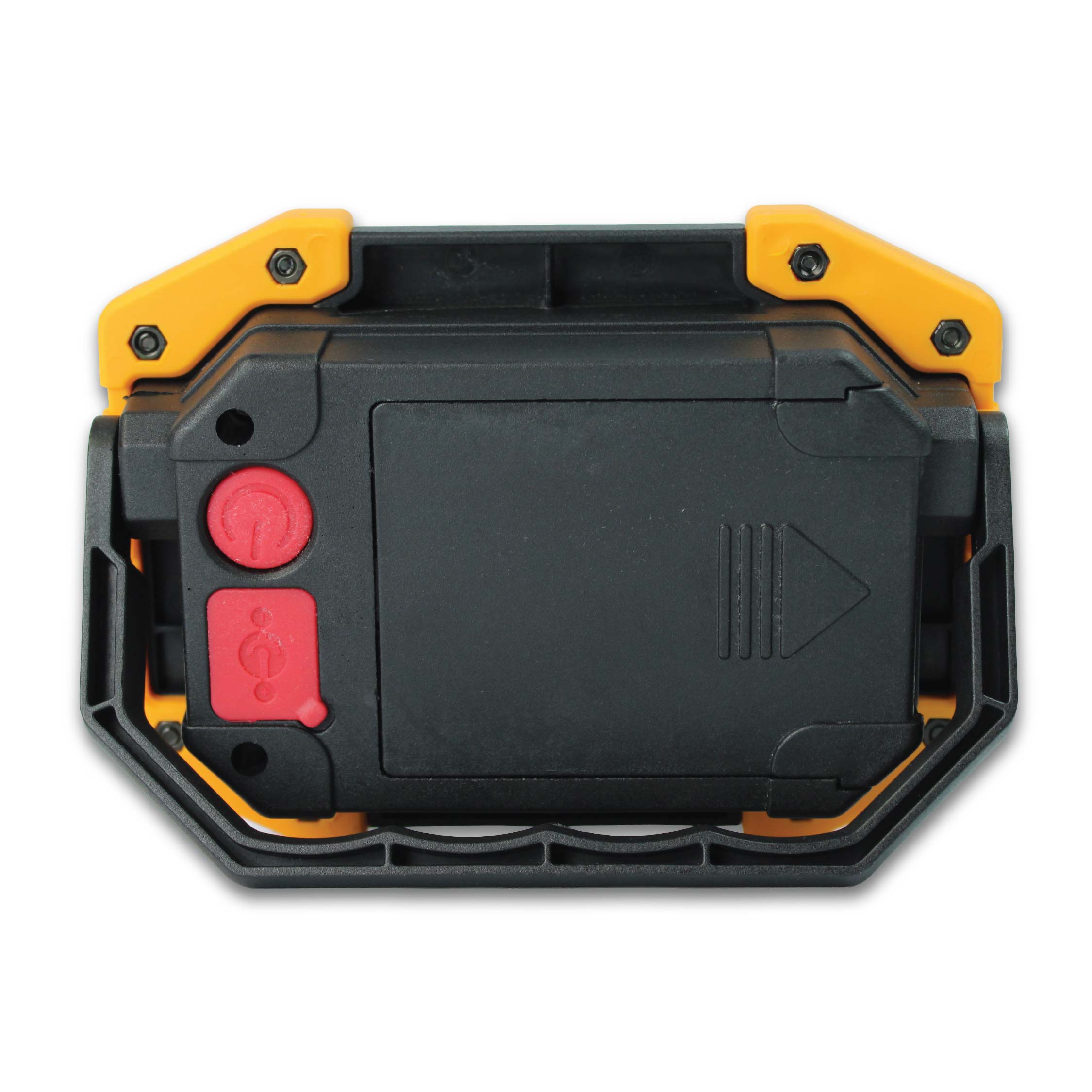 Rear view of the DOMIRA rechargeable
LED work light showing the adjustable
stand, battery compartment and durable
waterproof housing.