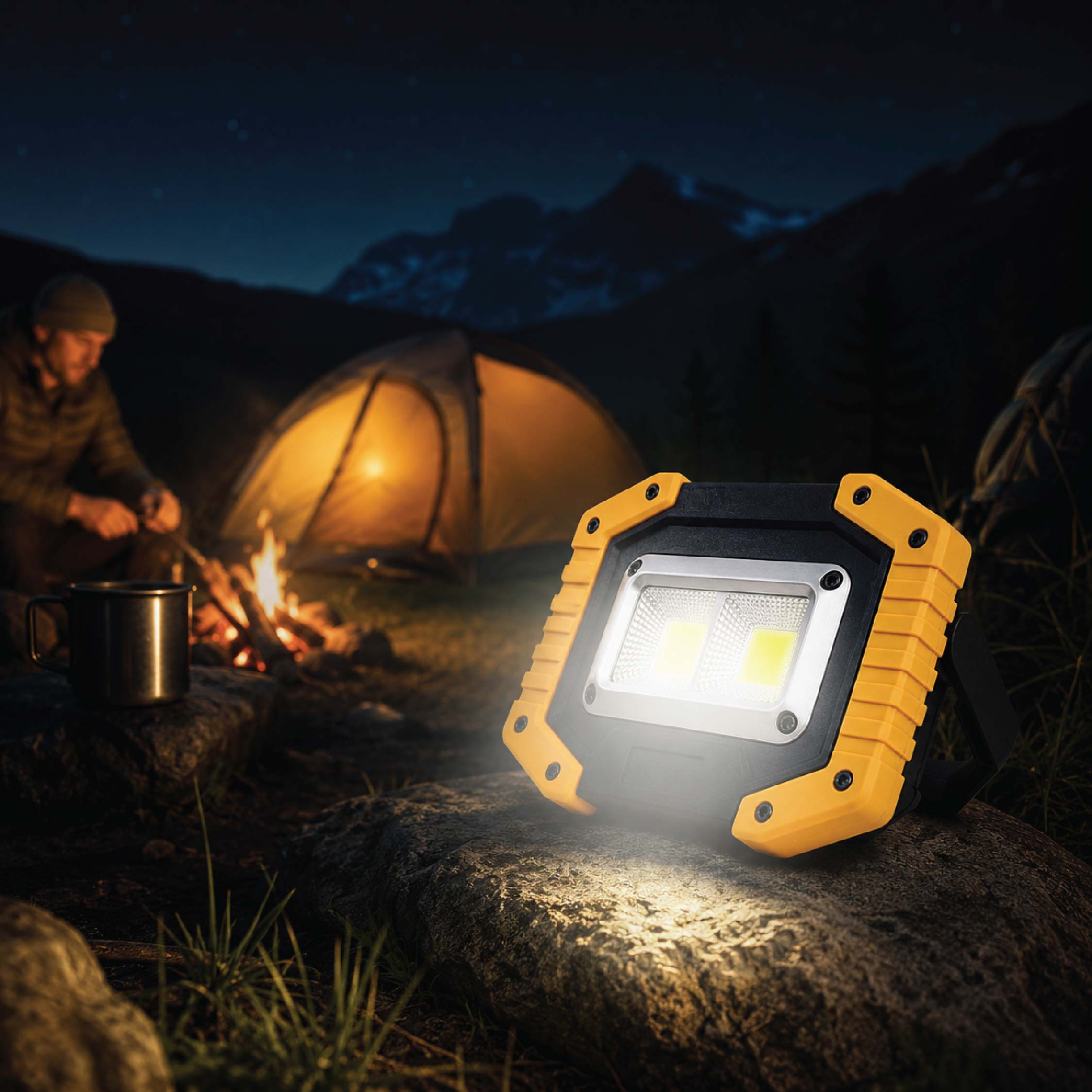 Portable DOMIRA rechargeable LED
work light illuminating a campsite,
providing reliable lighting for camping,
hiking, fishing and outdoor adventures.