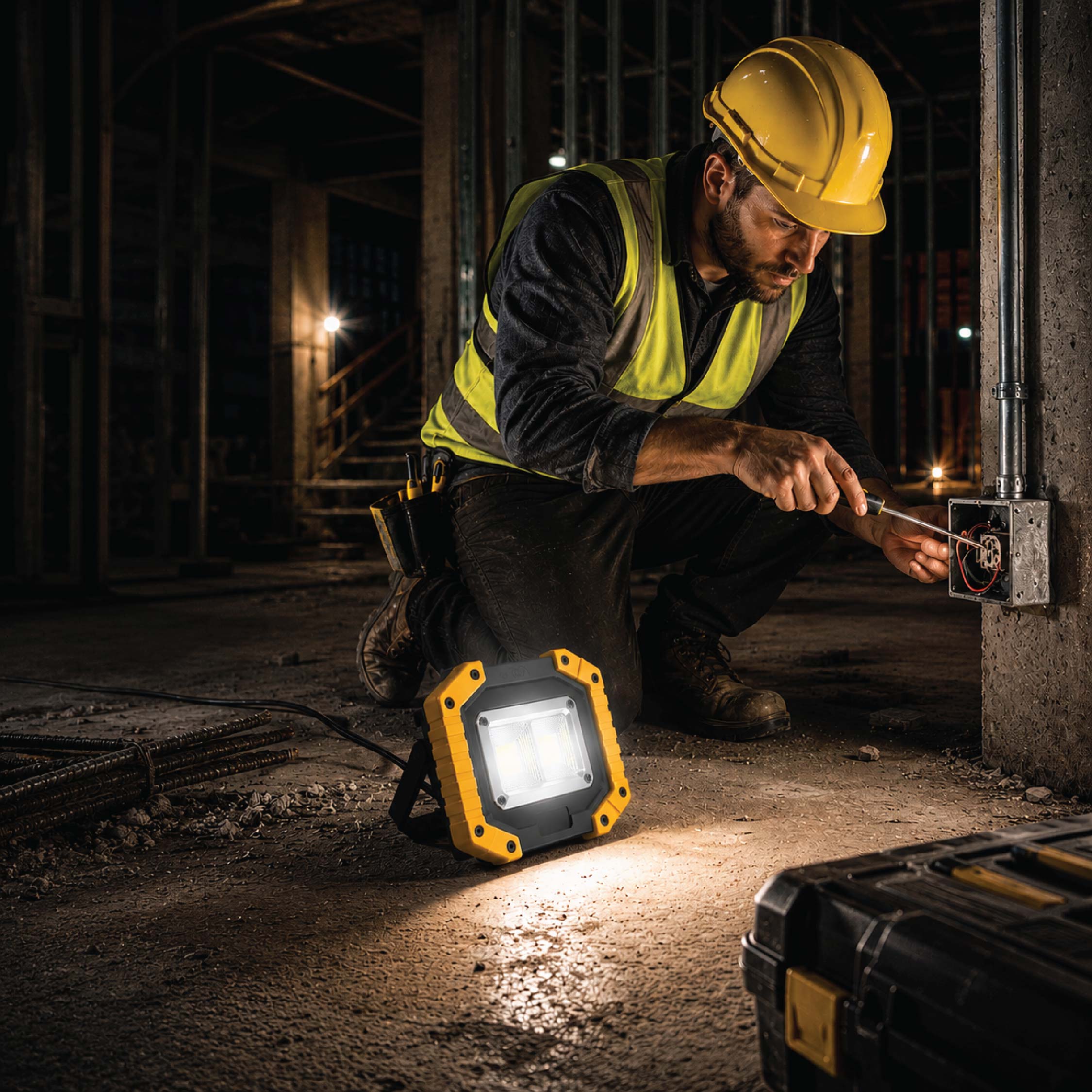 DOMIRA rechargeable LED work light
providing bright COB illumination on a
construction site, ideal for tradespeople,
mechanics and professional job sites.