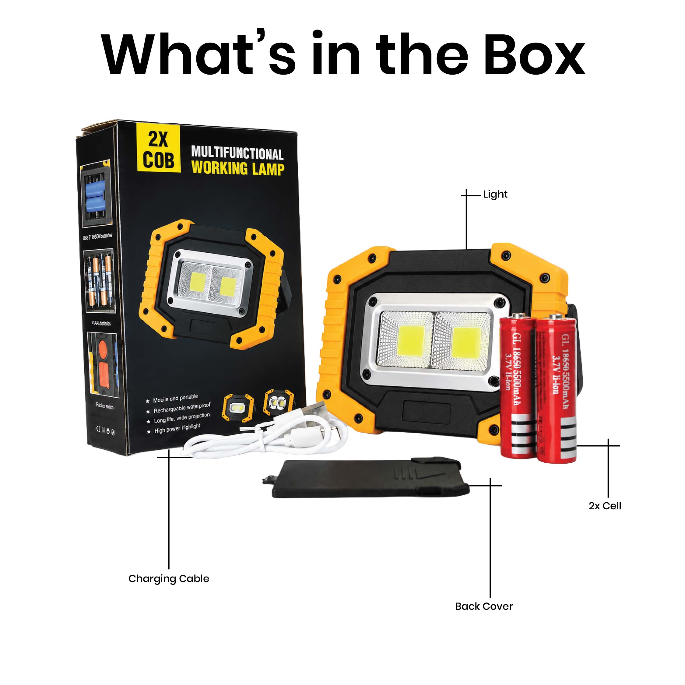 DOMIRA rechargeable LED work light
package contents including the 30W
work light, two rechargeable 18650
batteries, USB-C charging cable and
user instructions.
