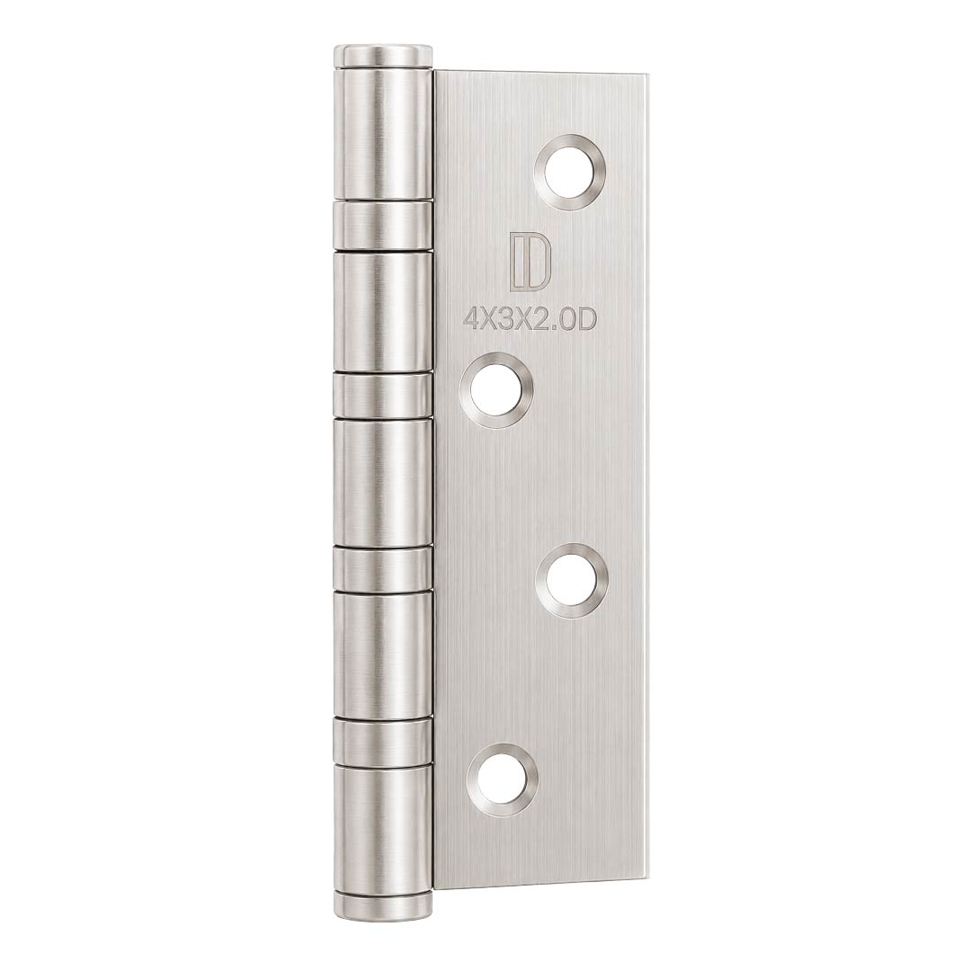 Angled view of DOMIRA silver 102mm steel ball bearing door hinge suitable for internal and external wooden doors.