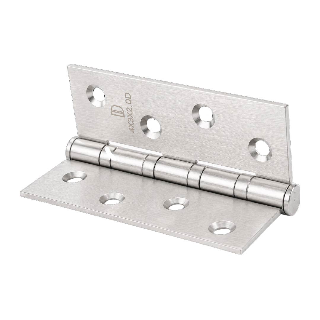 Perspective image of the DOMIRA silver heavy-duty hinge featuring a premium polished finish.