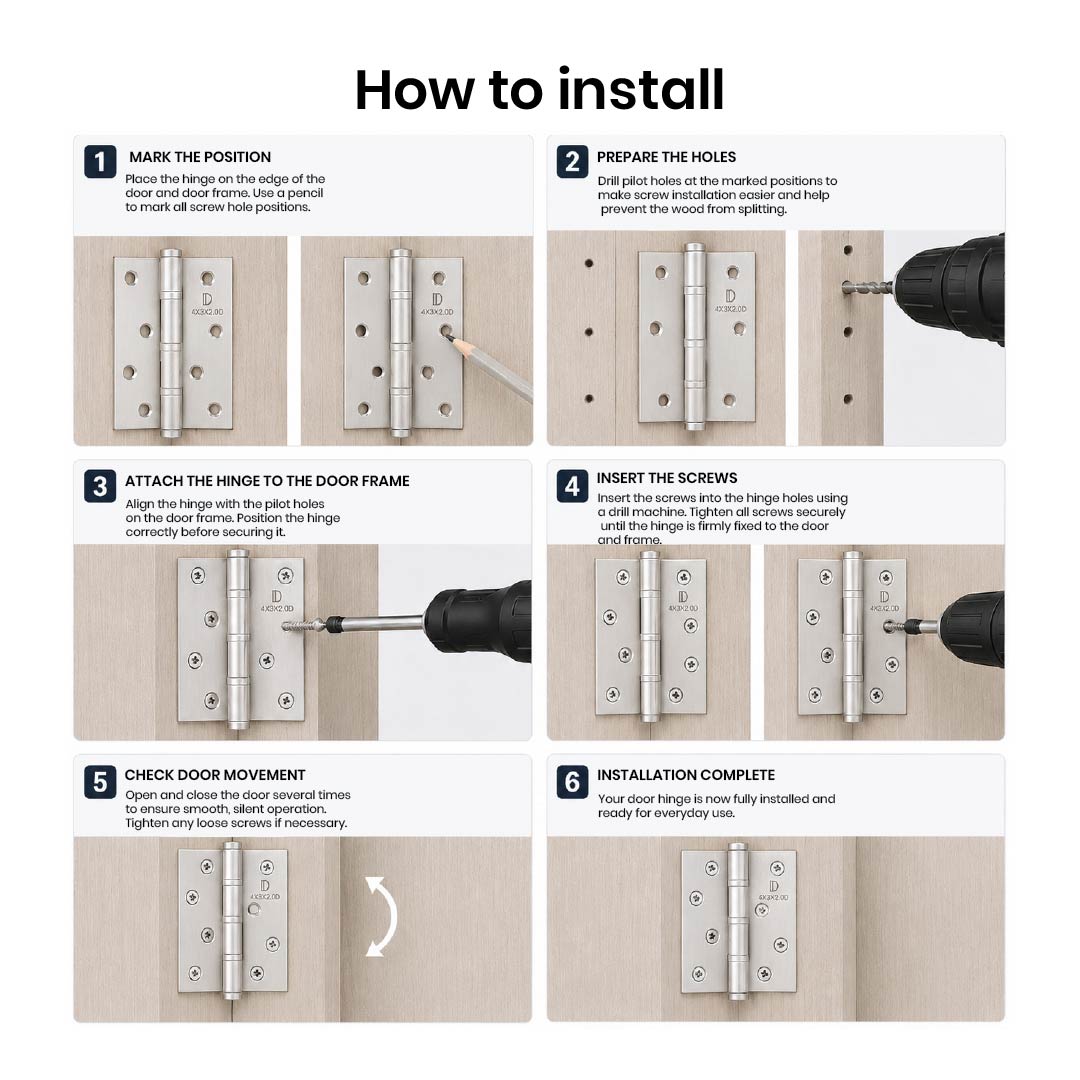 Step-by-step guide demonstrating the installation of DOMIRA 102mm silver ball bearing door hinges using the included screws.