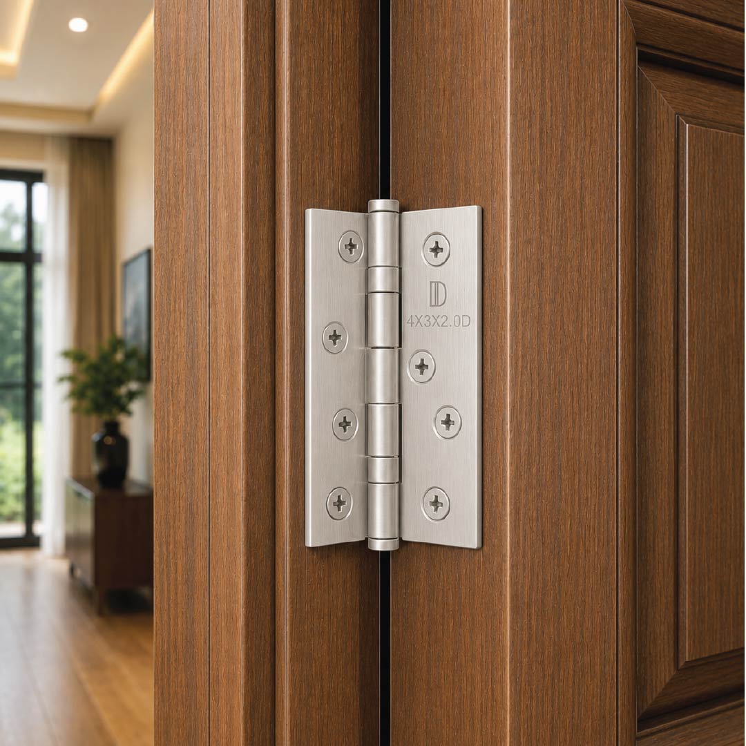 DOMIRA silver 102mm ball bearing door hinges installed on a modern wooden door delivering smooth and quiet performance.