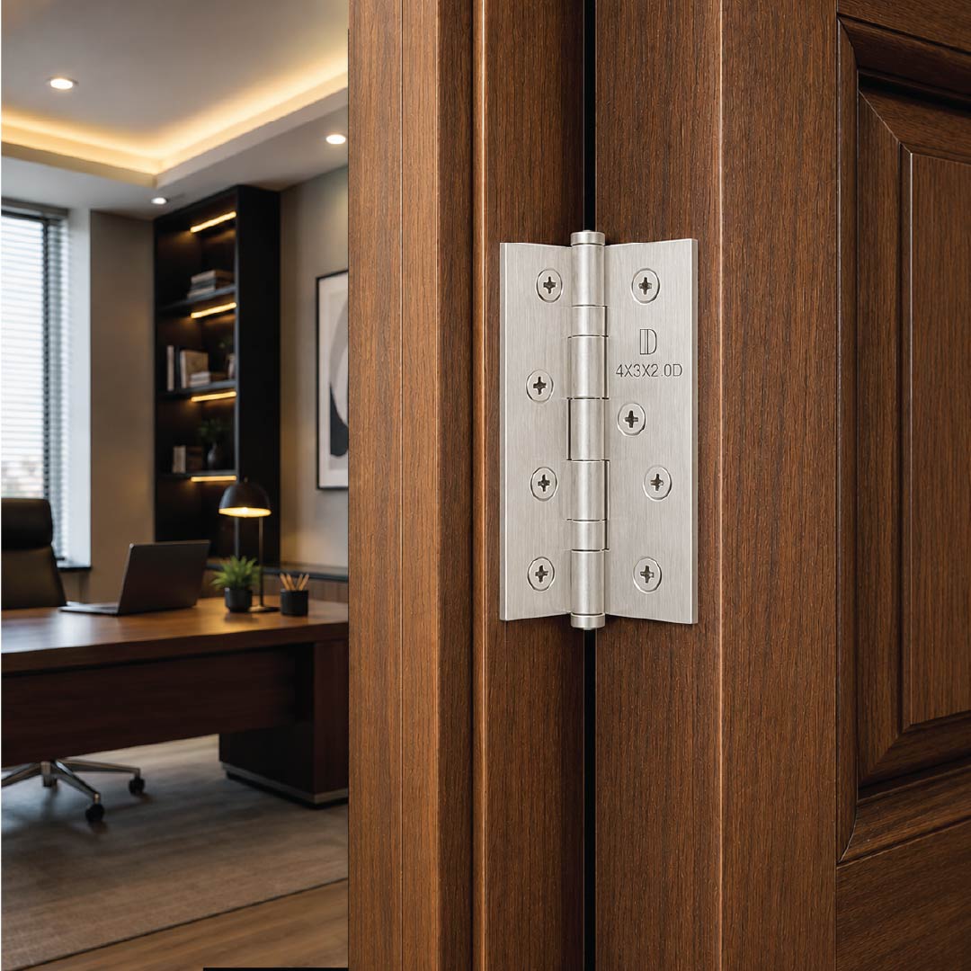 Heavy-duty silver steel ball bearing door hinges fitted to an office door for reliable daily use and effortless movement.