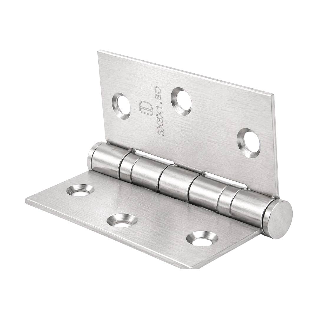 Angled view of DOMIRA silver ball bearing door hinge with polished corrosion-resistant finish for wooden doors.
