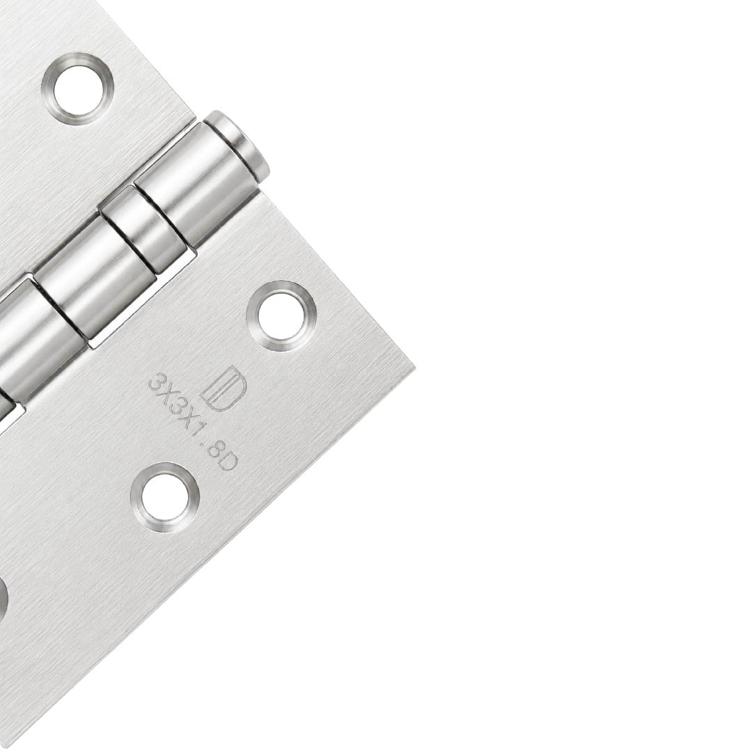 Detailed close-up of the polished silver finish and durable heavy-duty steel construction of the DOMIRA door hinge.