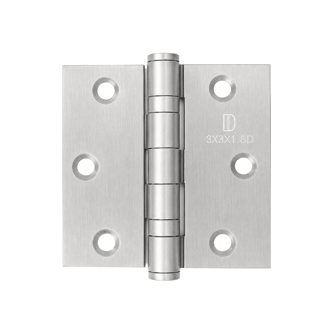 Front view of DOMIRA silver 76mm heavy-duty ball bearing door hinges featuring a polished finish for internal and external wooden doors.