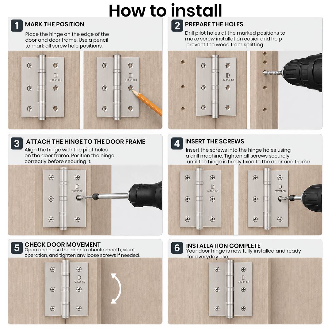 Installation guide showing how to fit DOMIRA silver 76mm ball bearing door hinges using the supplied fixing screws.
