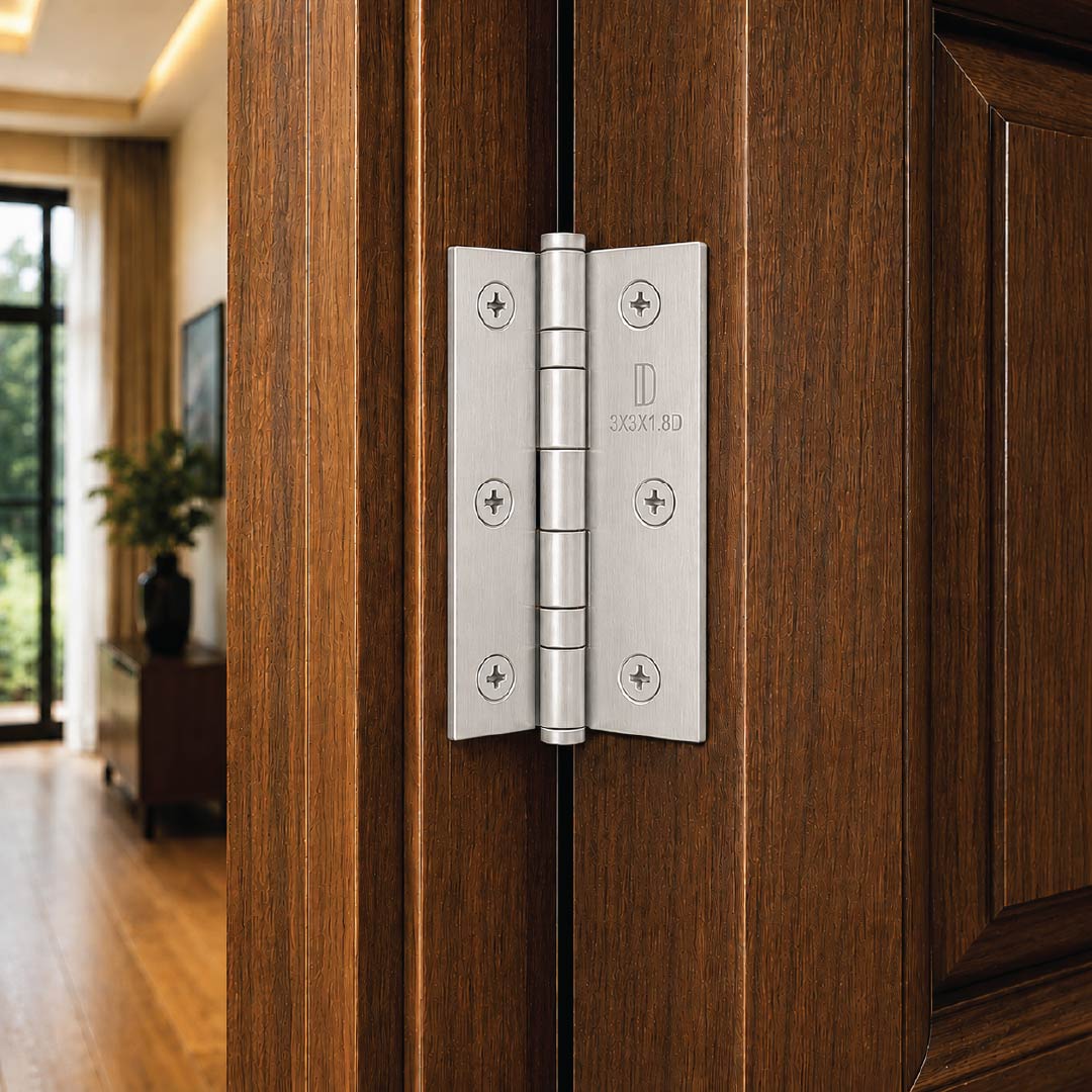 DOMIRA silver ball bearing door hinges installed on a contemporary internal wooden door with smooth and quiet operation.