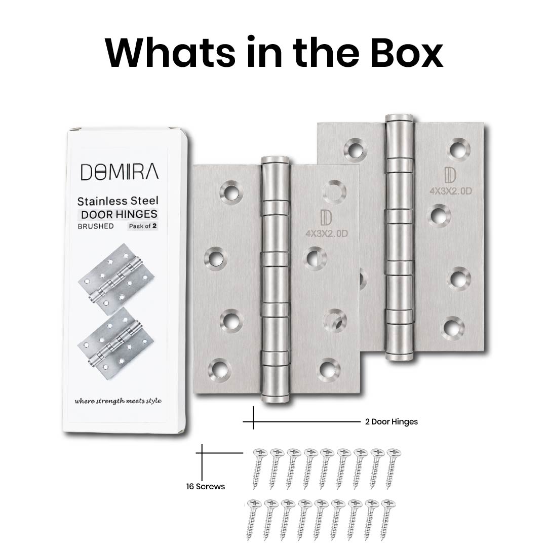 DOMIRA silver 102mm ball bearing door hinge pack including two heavy-duty hinges and matching fixing screws.