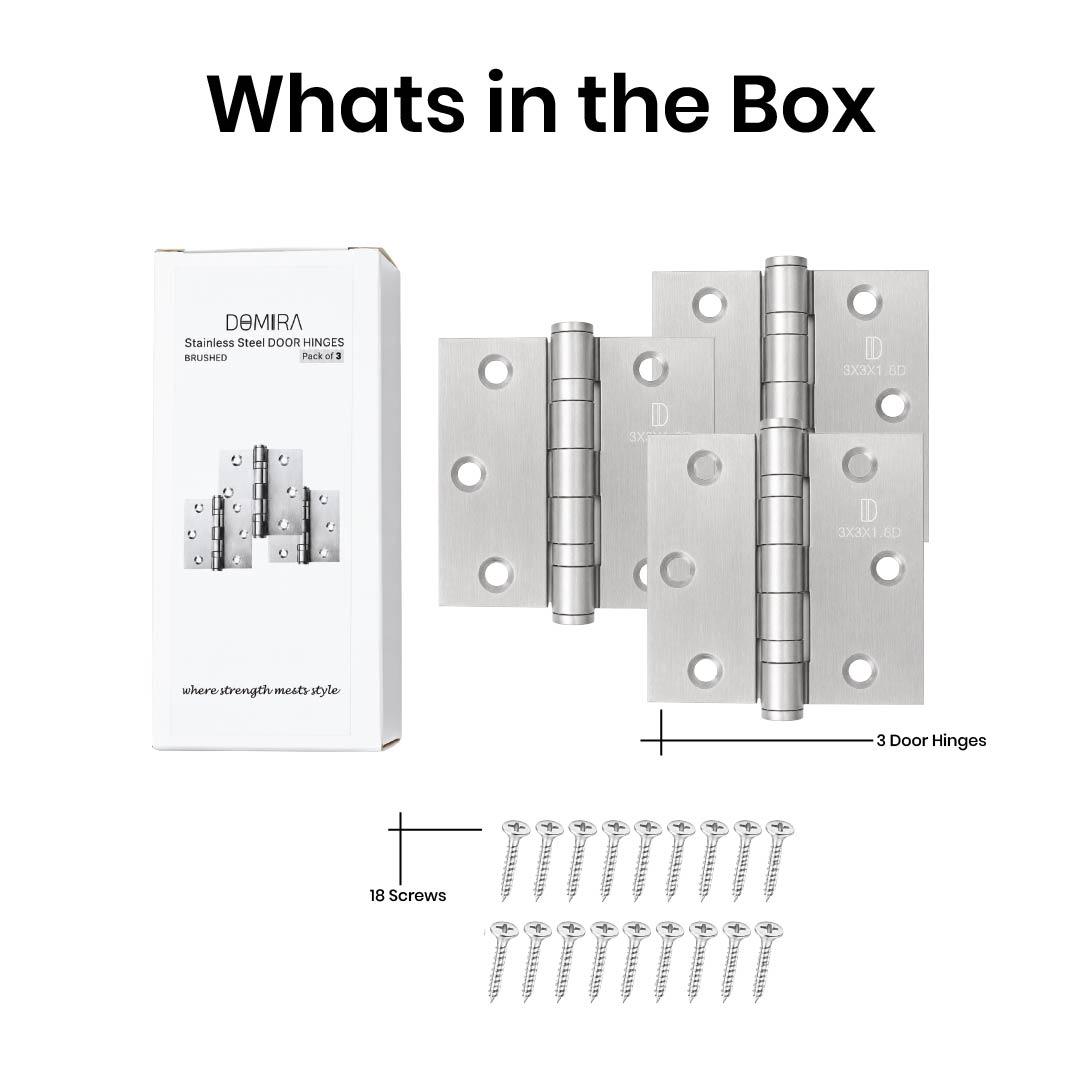 DOMIRA silver 76mm ball bearing door hinge pack containing three heavy-duty hinges with matching fixing screws.