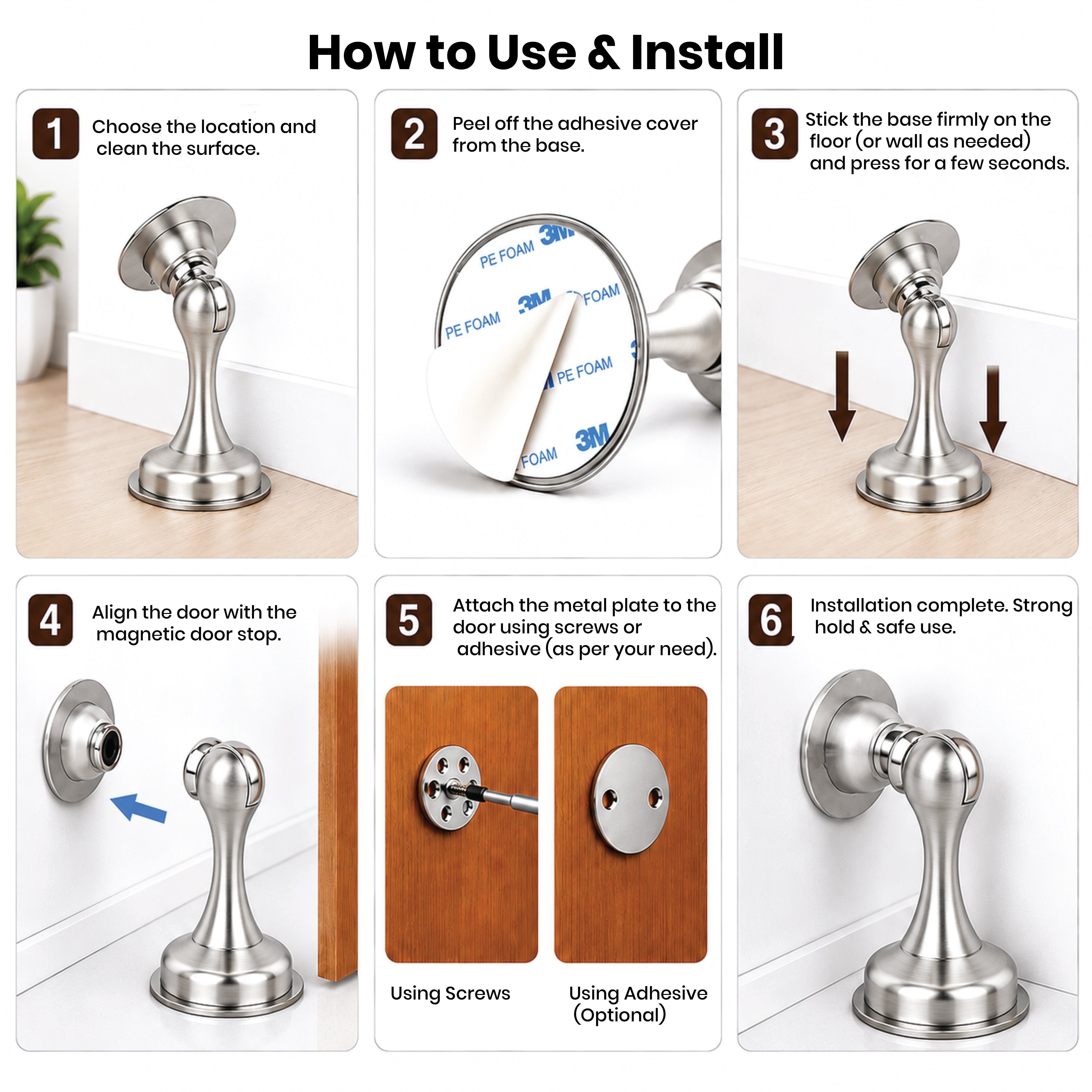 DOMIRA Magnetic Door Stopper Heavy Duty Door Stop Metal Chrome Finish No Drill Strong Hold 1 Pack