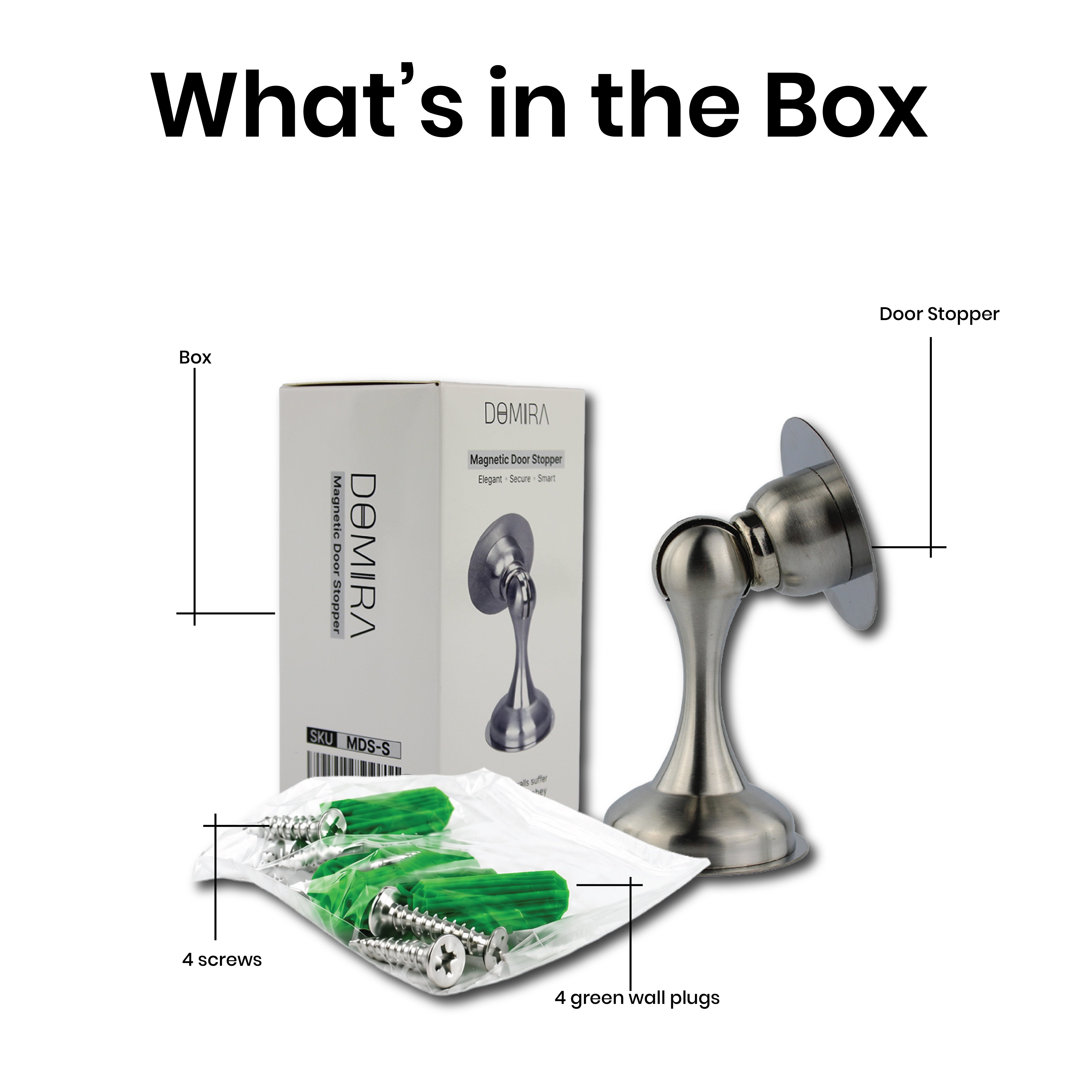 What's included with the DOMIRA silver magnetic door stopper showing magnetic door stop, mounting plate, adhesive backing and fixing hardware