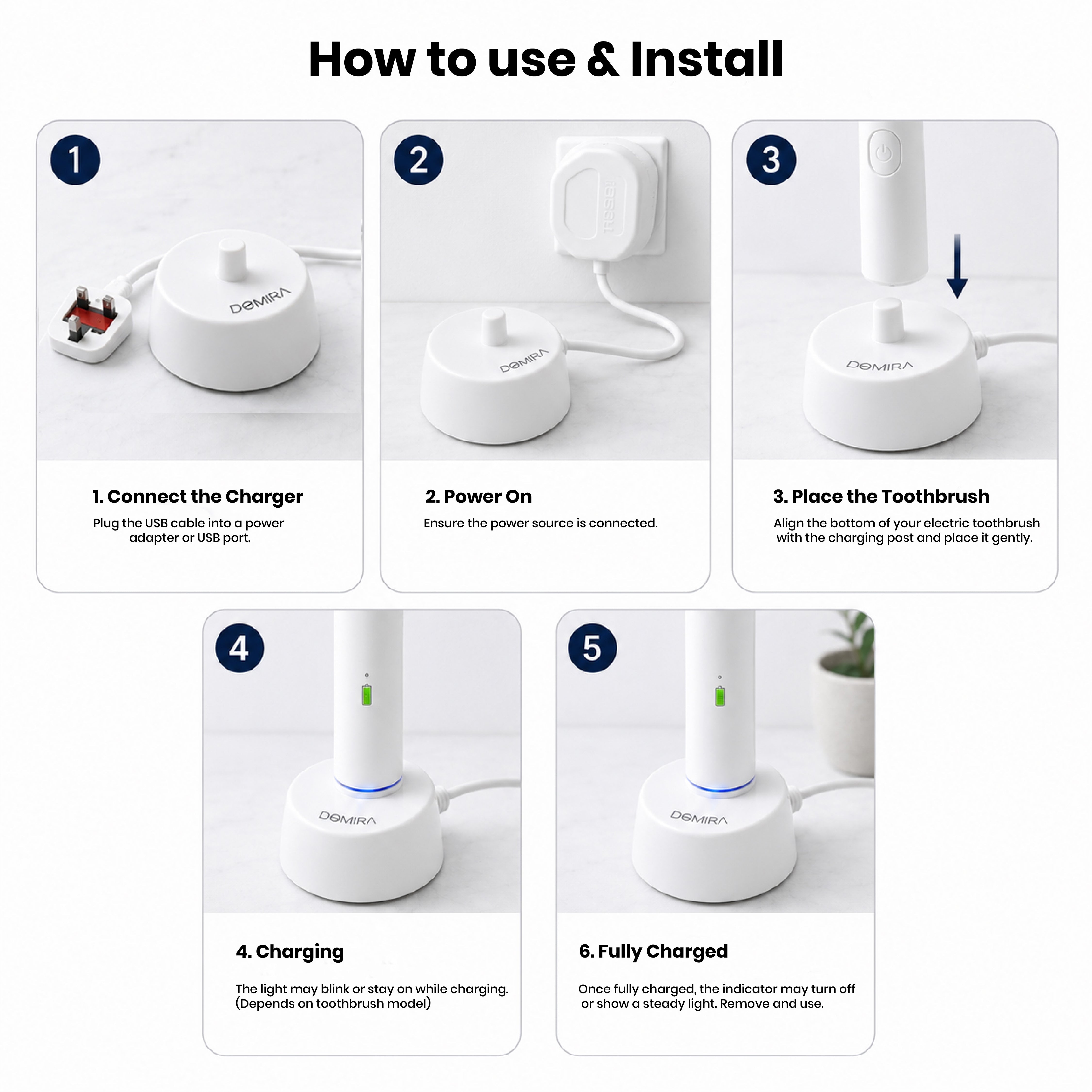 DOMIRA Universal Toothbrush Charger Electric Toothbrush Charger UK Plug Adapter Travel Ready 1m Cable