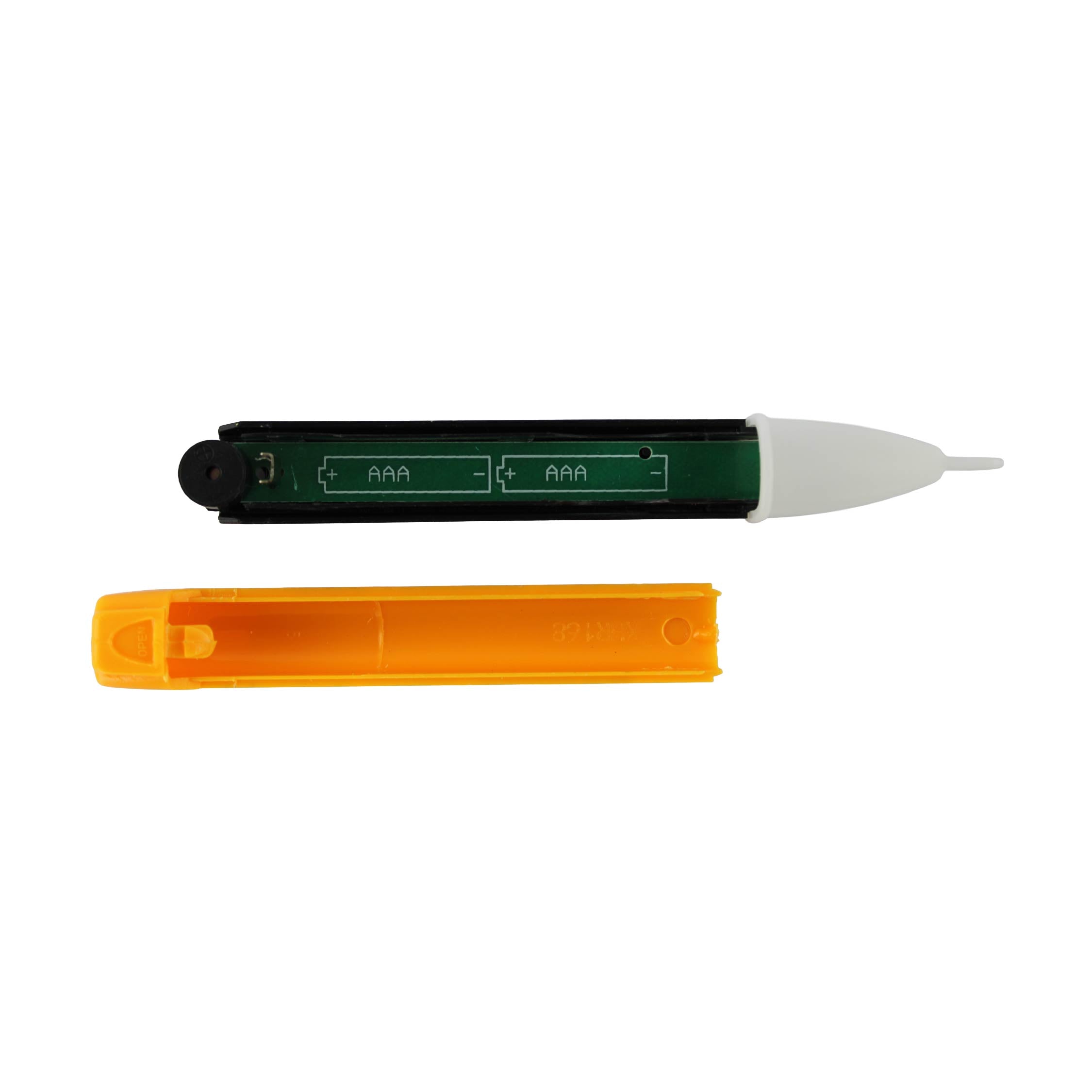 DOMIRA voltage tester pen with
battery compartment open, showing
where the AAA batteries are
installed for operation.