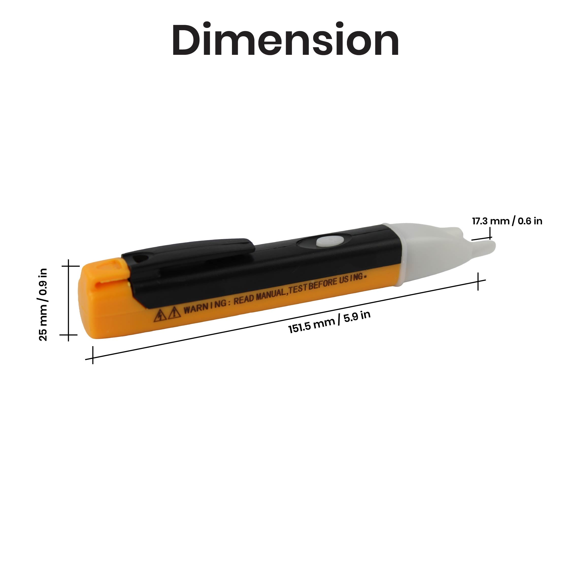 Dimensions of the DOMIRA voltage
tester pen showing overall product
size for easy portability and
everyday electrical use.