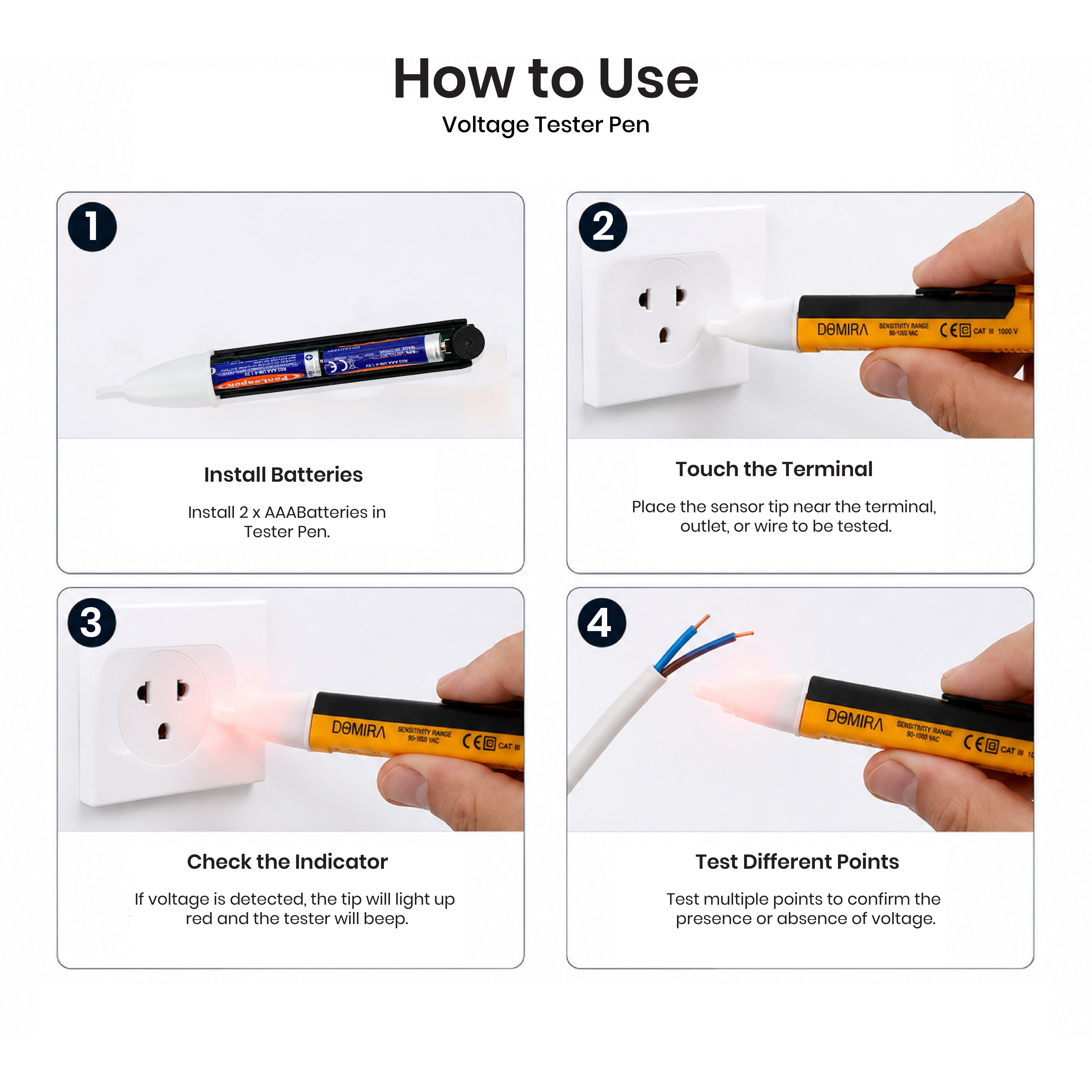 Illustration showing how to use the
DOMIRA non-contact voltage tester
pen by holding the tip near a live
wire or electrical outlet to detect
voltage safely.