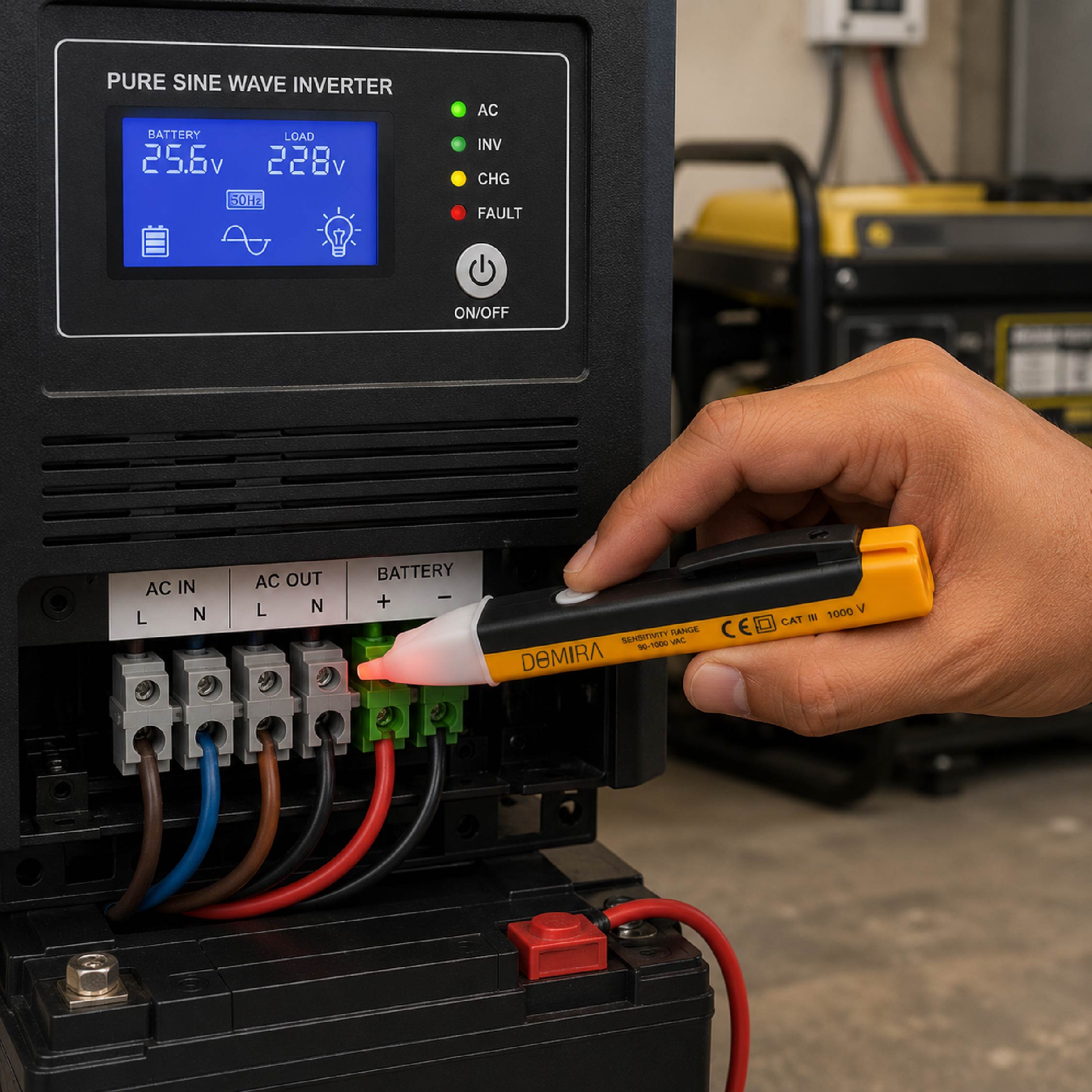 DOMIRA non-contact voltage tester
pen being used for industrial
electrical equipment inspection and
machinery voltage detection.