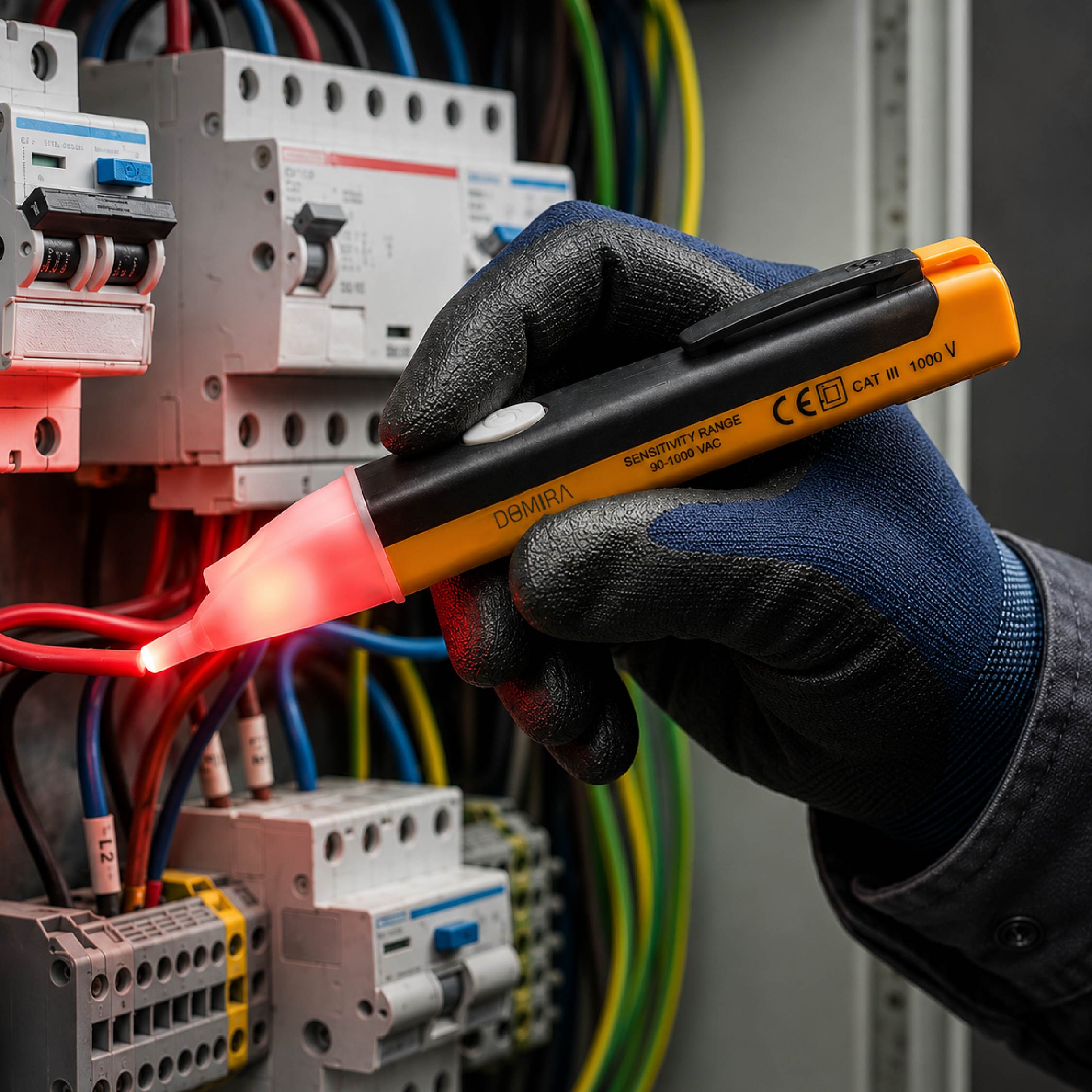 Electrician using the DOMIRA
voltage tester pen to detect live
voltage inside a consumer unit and
electrical distribution board.