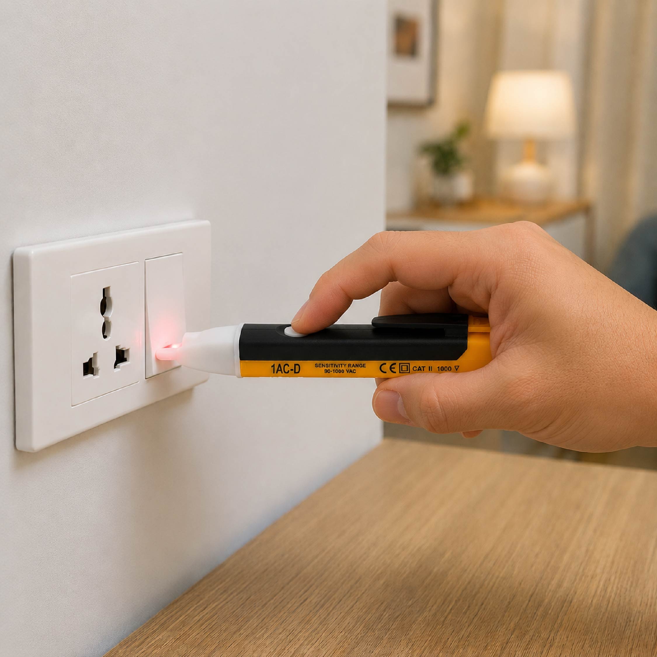 DOMIRA non-contact voltage tester
pen being used to safely check a
household light switch for live AC
voltage before maintenance.