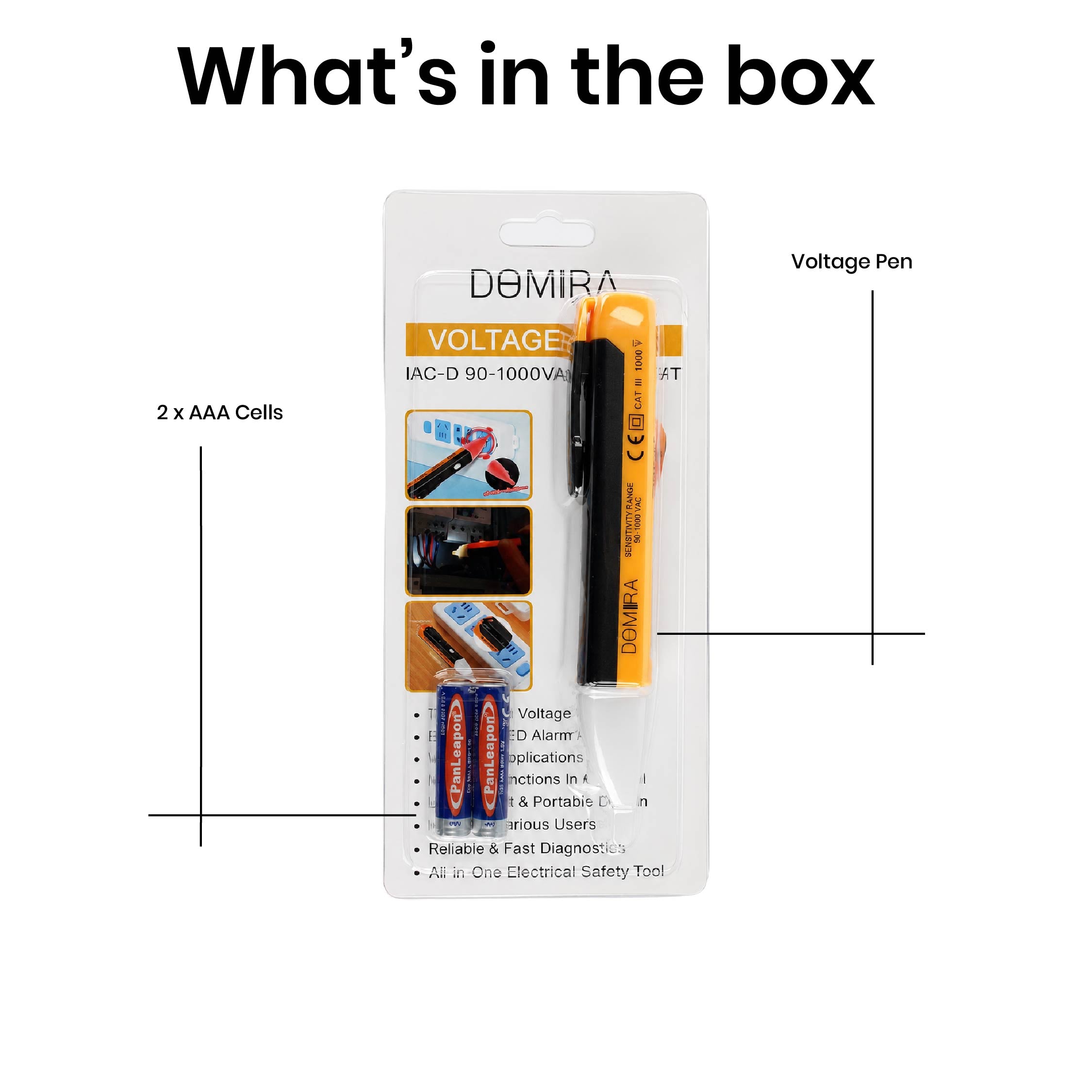 Contents of the DOMIRA voltage
tester pen package including the
non-contact voltage tester and user
instruction manual.