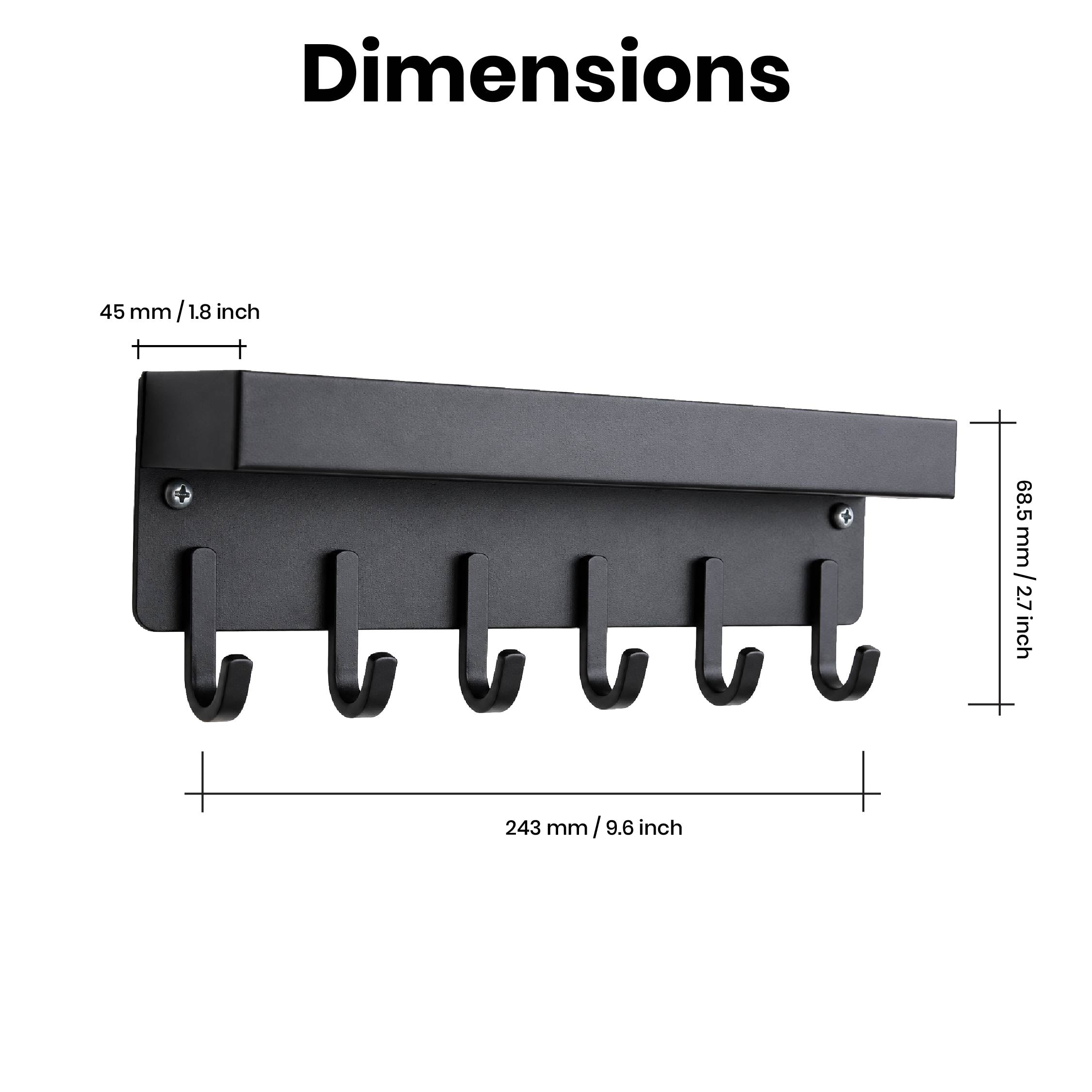 Dimension diagram of the DOMIRA wall
mounted key holder with shelf showing
overall measurements for installation and
storage planning.