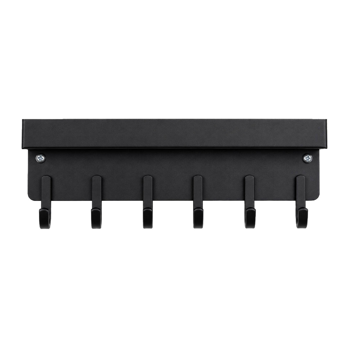 Front view of the DOMIRA wall mounted
key holder and key rack with integrated
storage shelf and six hooks for
organising house keys, car keys and
everyday essentials.