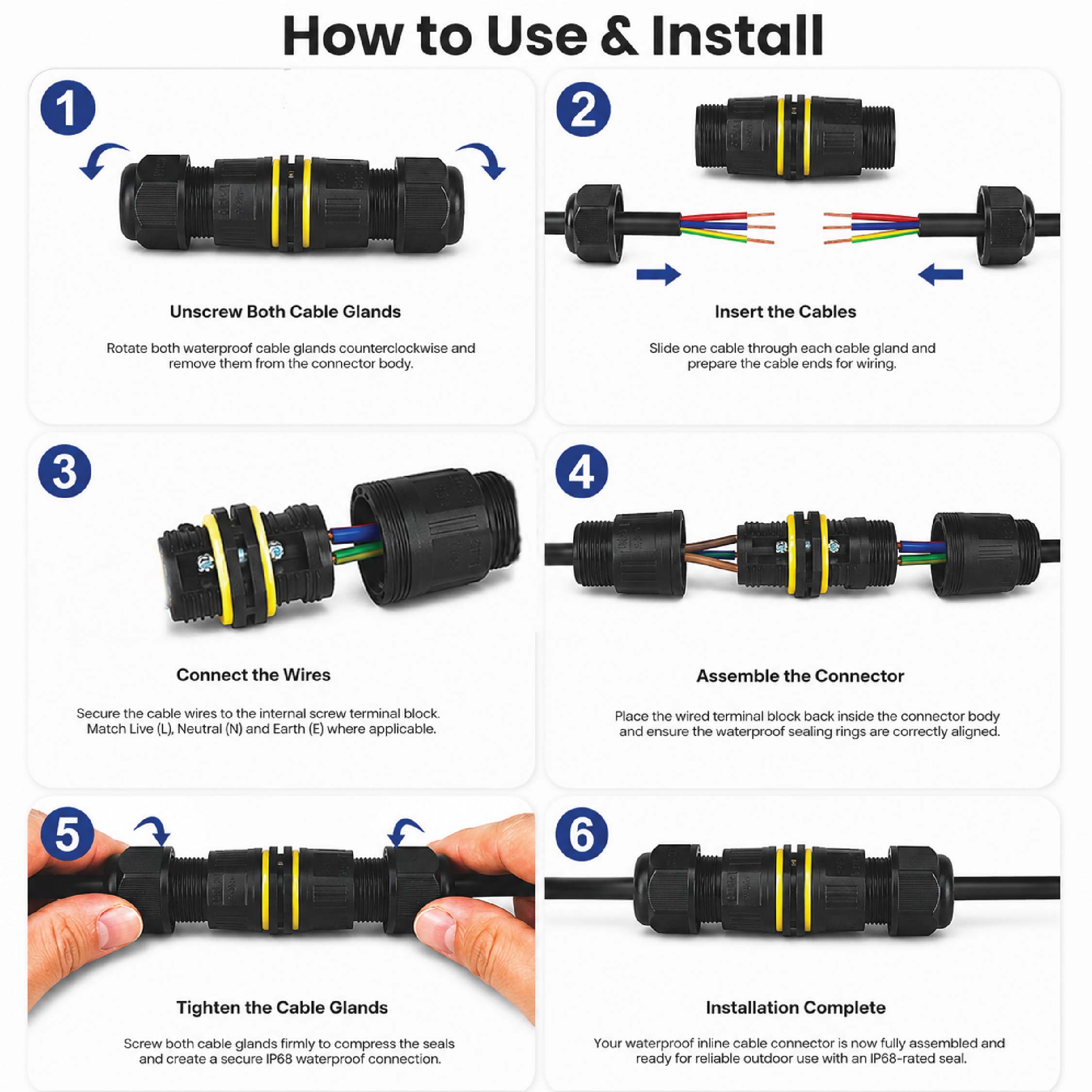 Step-by-step guide showing how to
install the DOMIRA IP68 waterproof
cable connector using the screw crimp
terminal design for a secure electrical
connection.