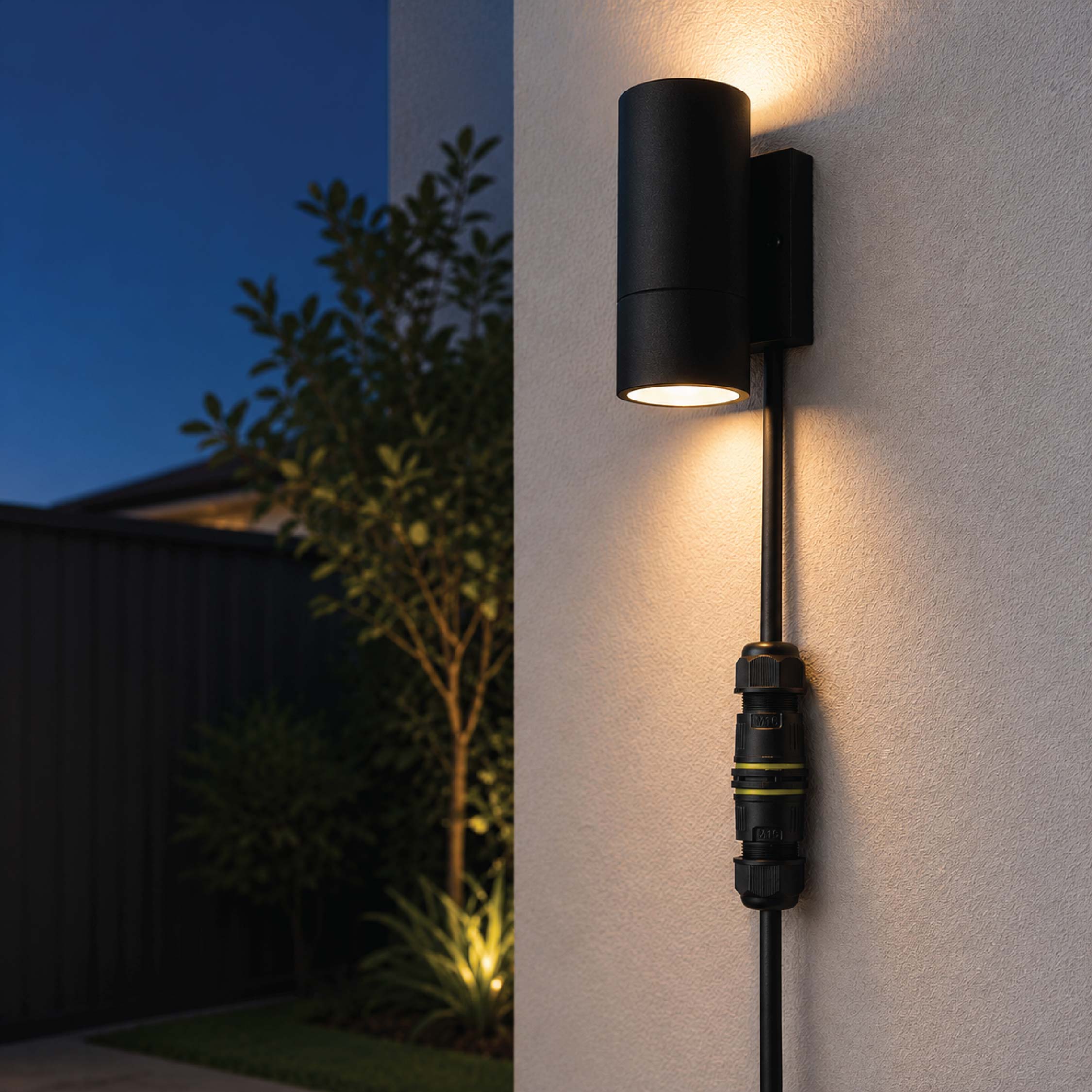 Waterproof electrical connector used
with an outdoor wall light installation,
protecting cable connections from rain
and harsh weather.