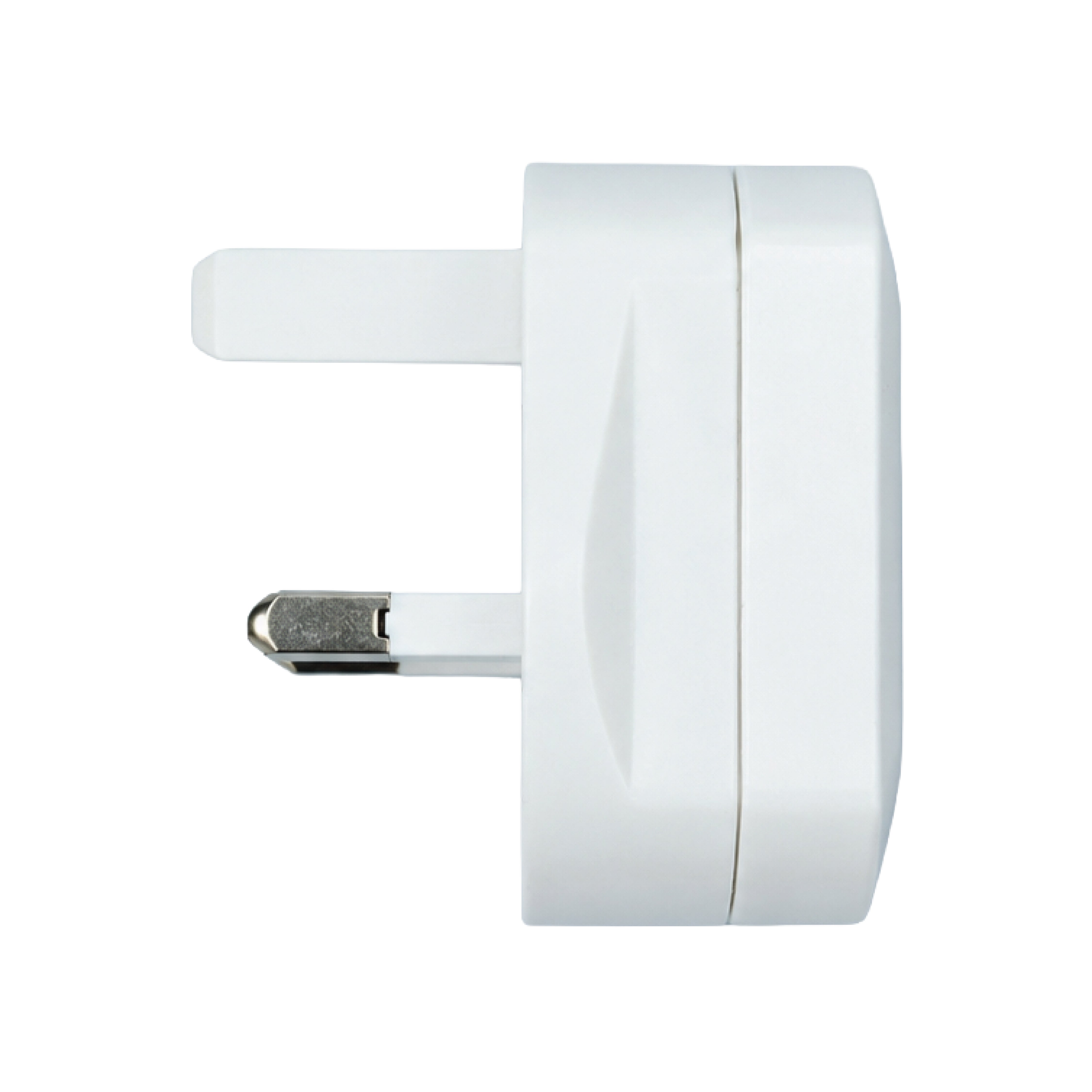 Alternative side profile of the DOMIRA
white UK shaver adapter showing
durable heat-resistant plastic
construction.
