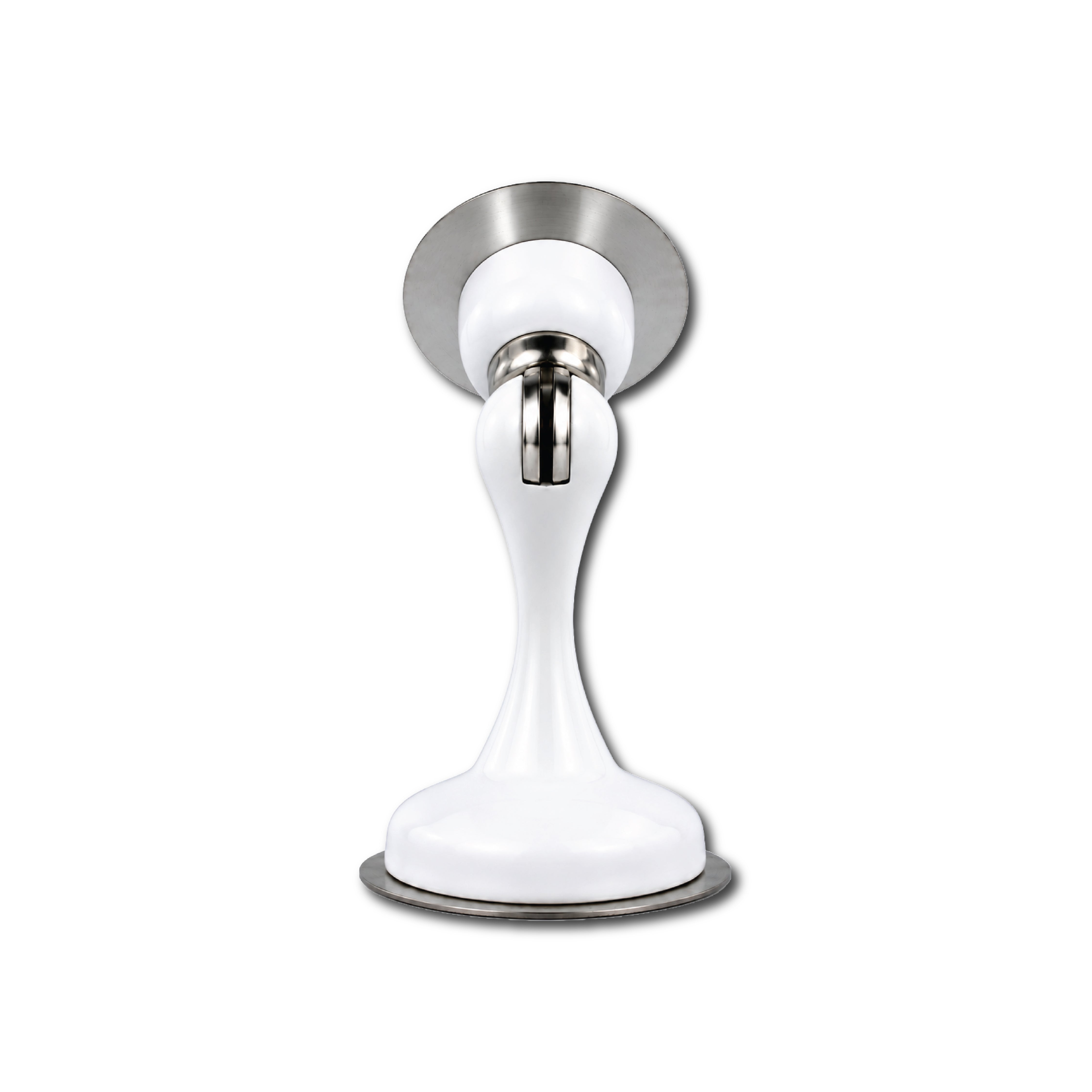 Back view of DOMIRA white magnetic door stop showing compact mounting base and sleek design