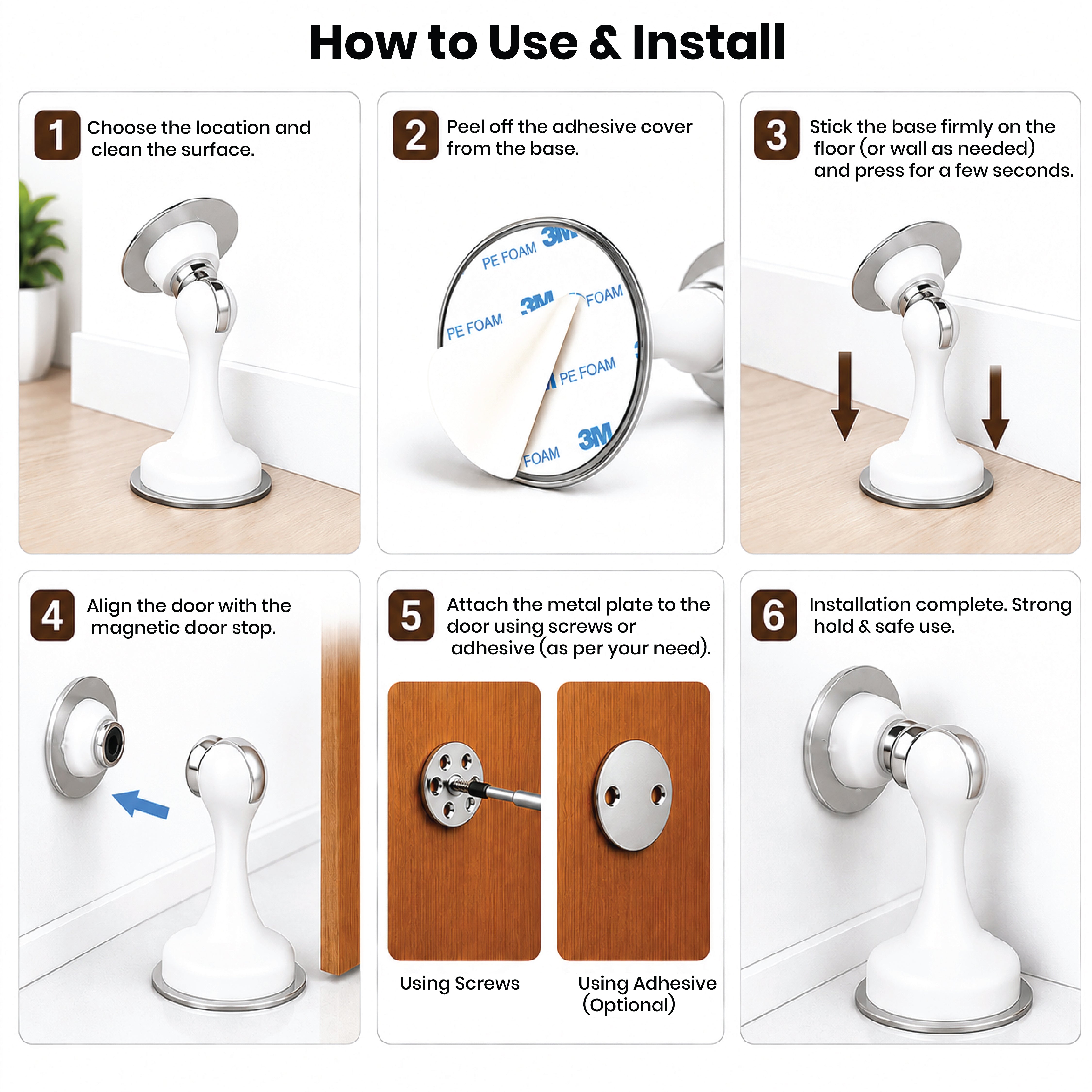 DOMIRA Magnetic Door Stopper Heavy Duty Door Stop Metal White Finish No Drill Strong Hold 1 Pack