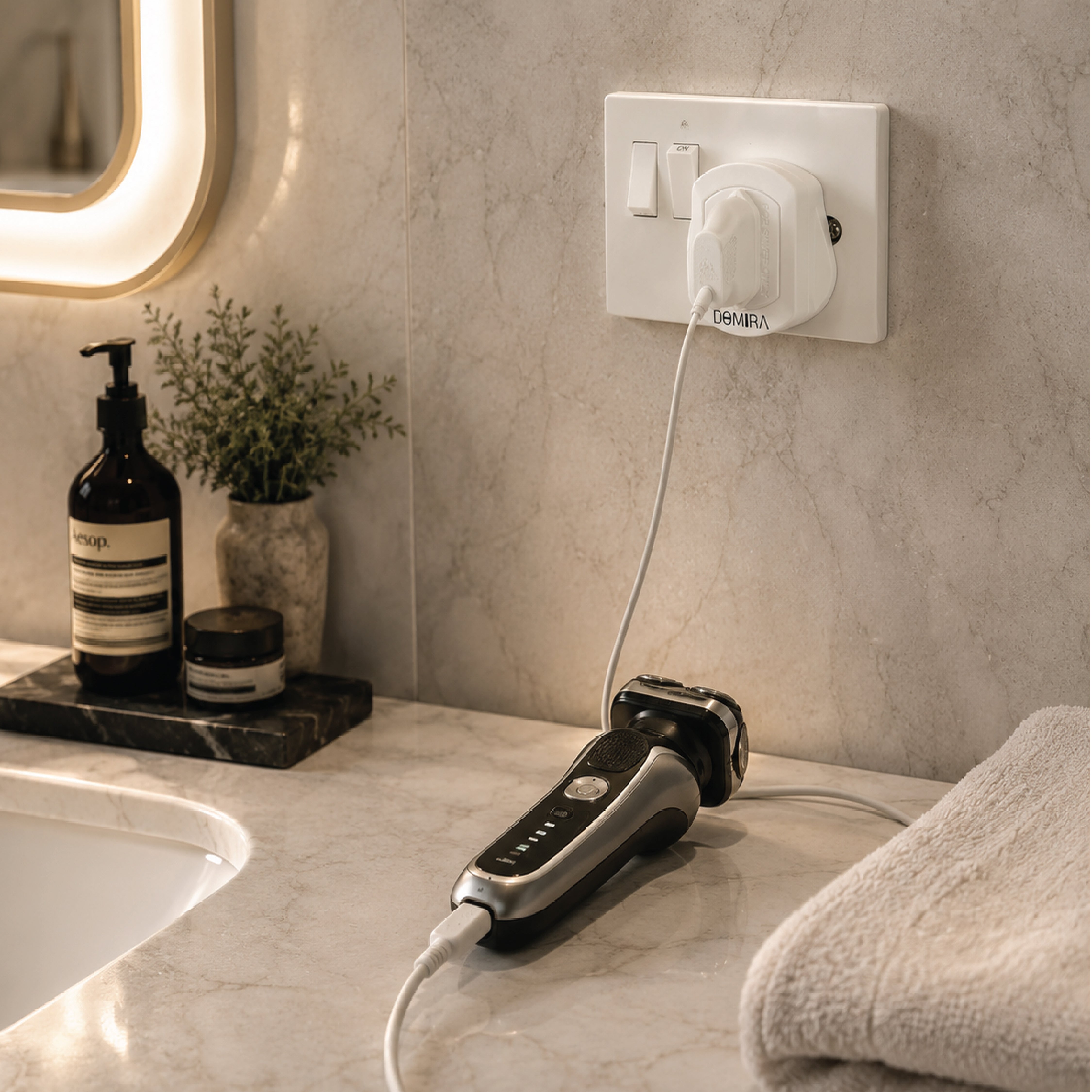 Electric toothbrush charging safely with
the DOMIRA white 2 pin to 3 pin adapter
plugged into a UK wall socket.