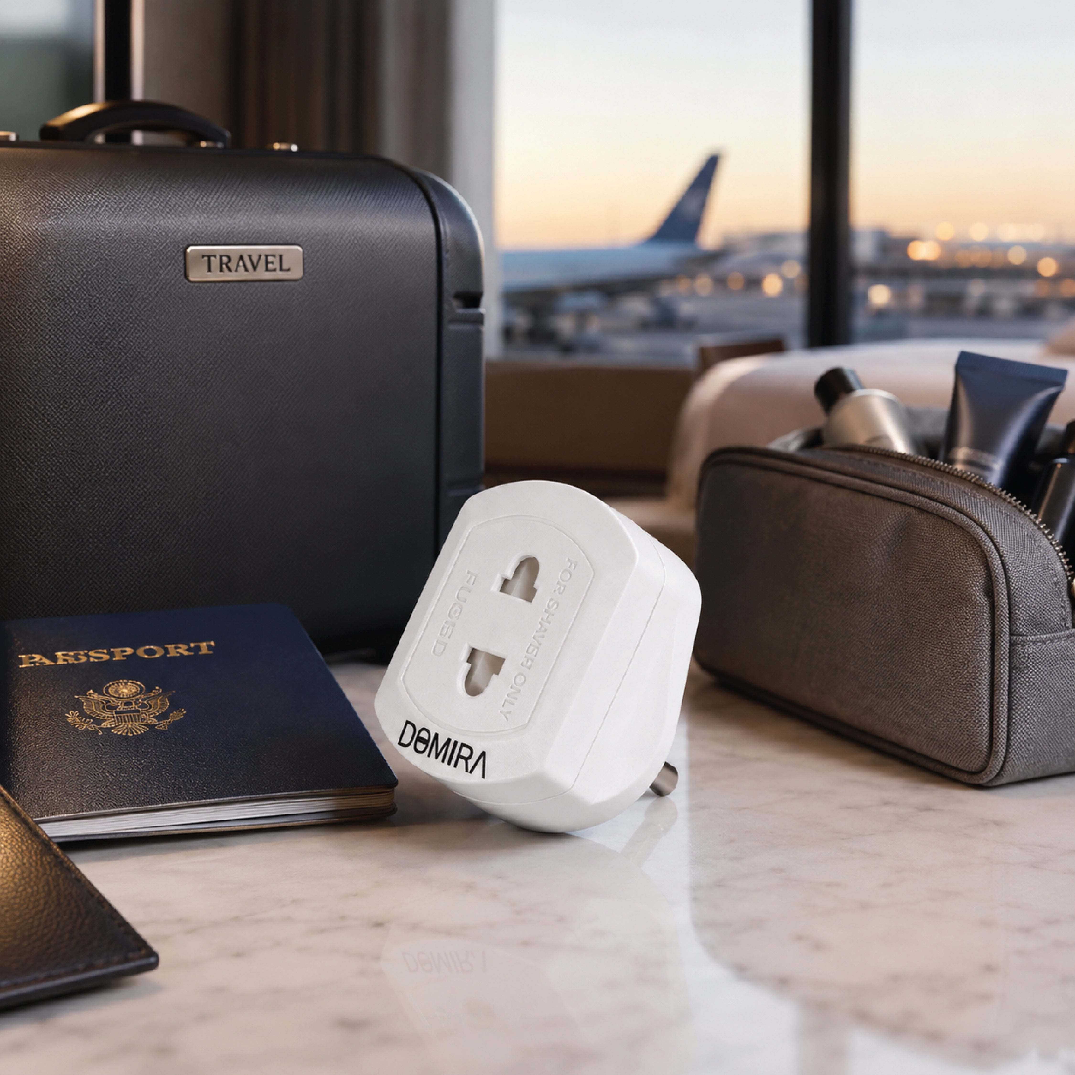 DOMIRA white travel toothbrush adapter
placed beside luggage ready for
holidays and business travel.