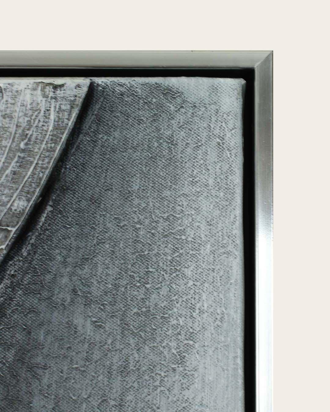 Drift of Light grey and gold LED canvas art silver and black frame corner detail