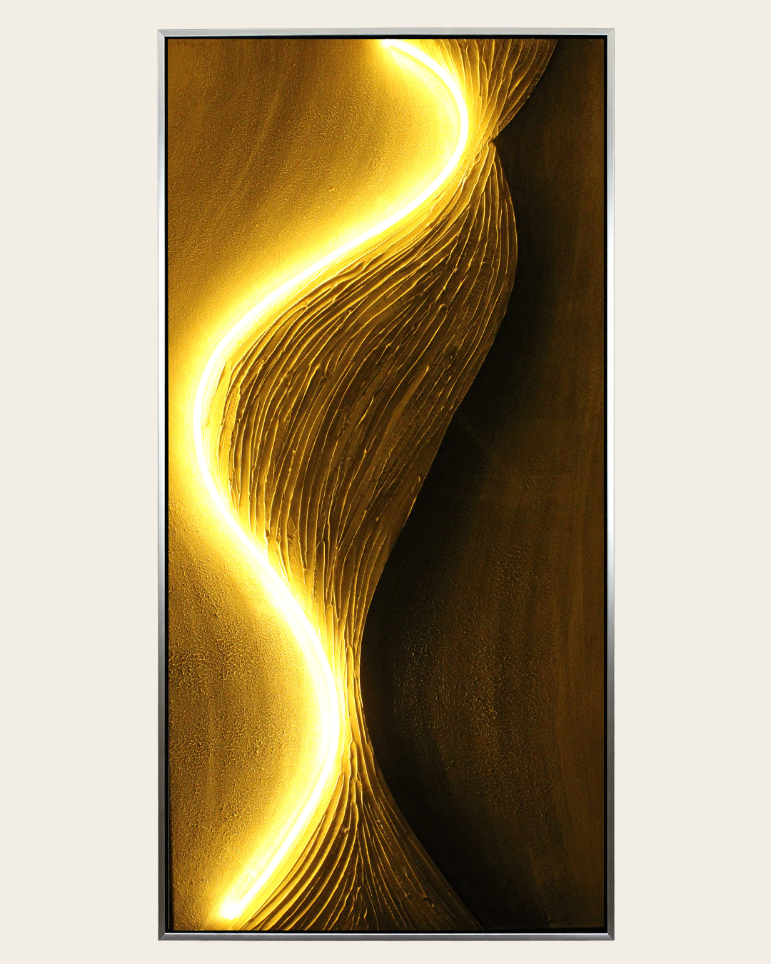 Drift of Light grey and gold LED canvas art with the LED lighting switched on