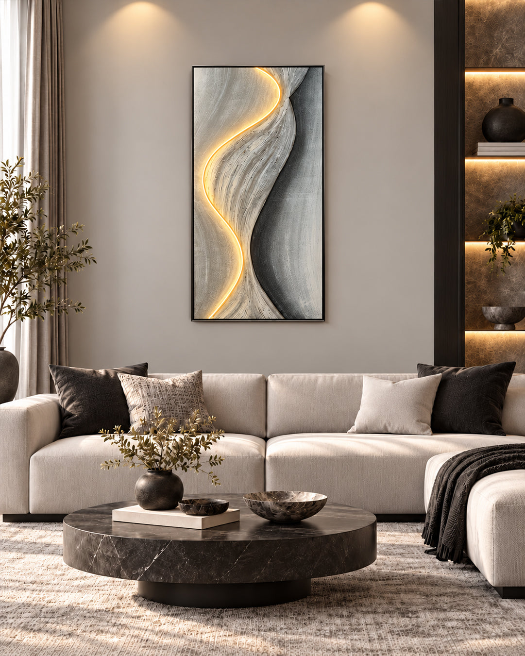 Drift of Light grey and gold LED canvas art in a living room above a sofa