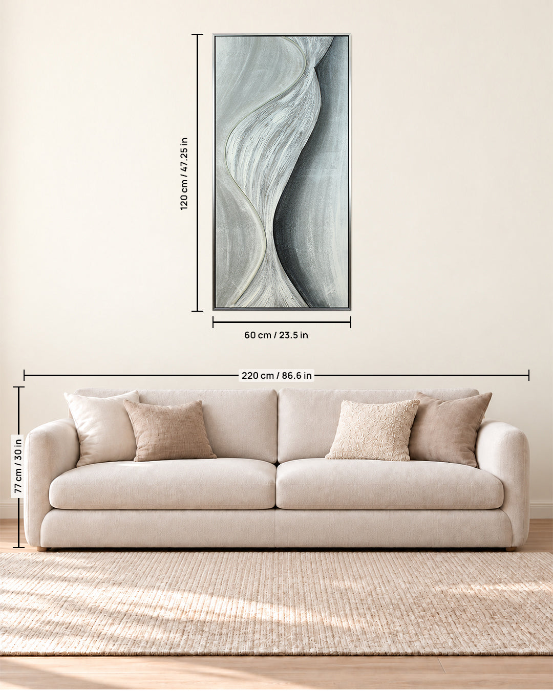 Drift of Light grey and gold LED canvas art size guide above a sofa