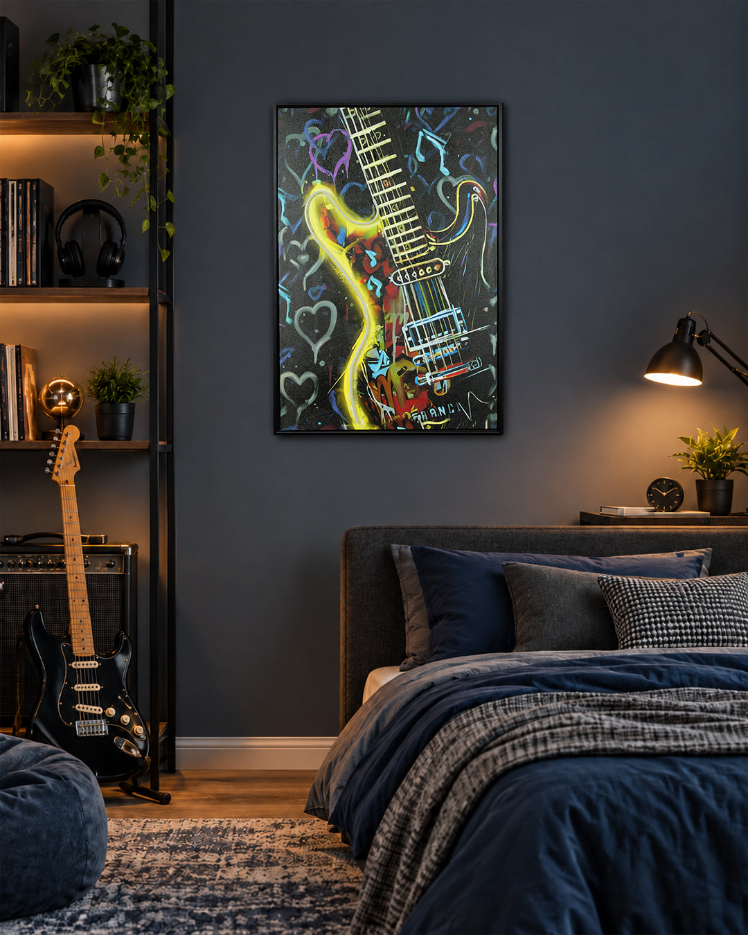 Electric Pulse neon guitar LED canvas art above a bed in a bedroom