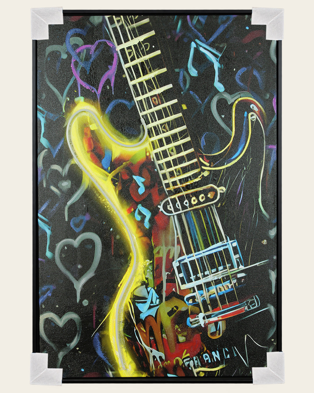 Electric Pulse neon guitar LED canvas art with corner protectors for delivery