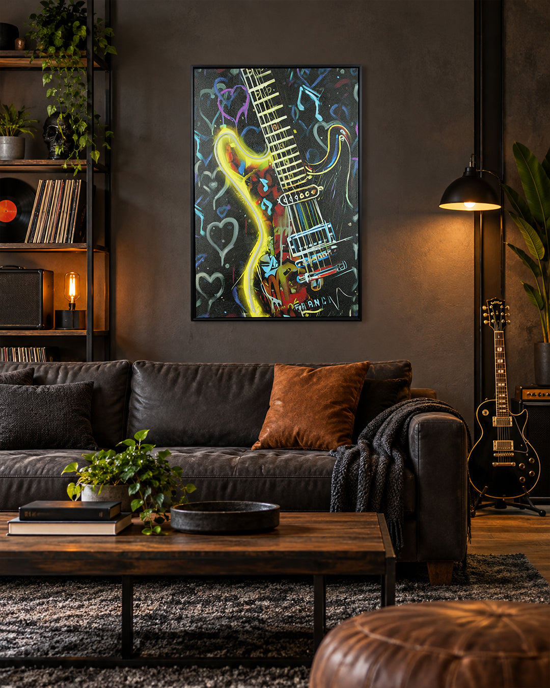 Electric Pulse neon guitar LED canvas art in a living room above a sofa