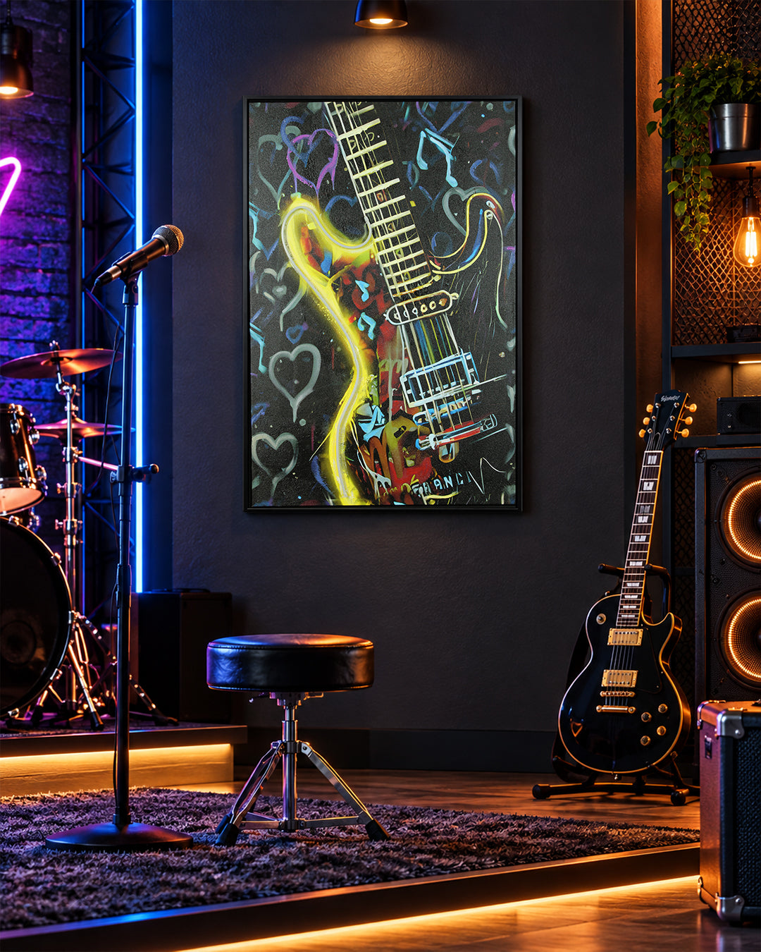 Electric Pulse neon guitar LED canvas art in a music room