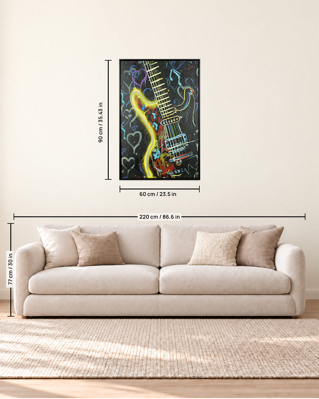 Electric Pulse neon guitar LED canvas art size guide above a sofa