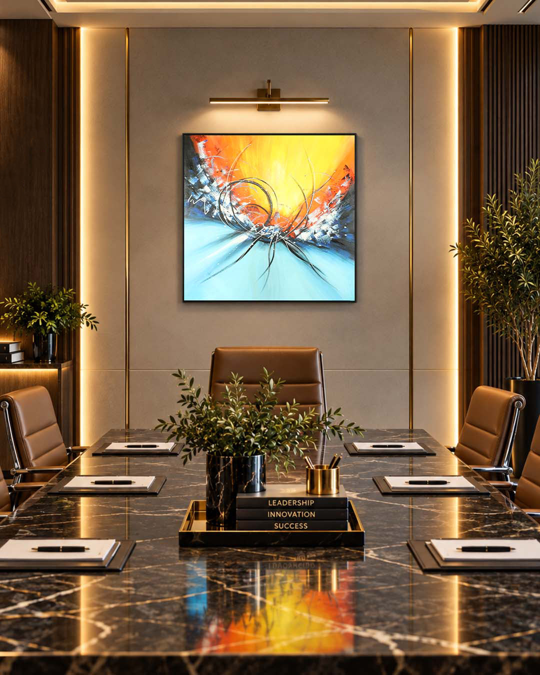 Elemental orange and turquoise abstract painting in a boardroom
