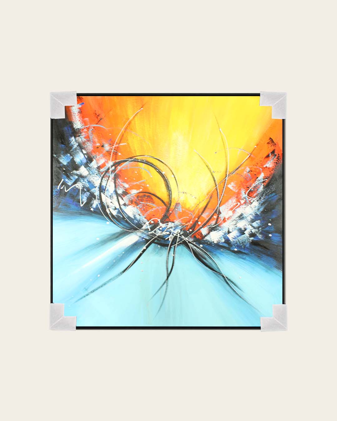 Elemental orange and turquoise abstract painting with corner protectors for delivery