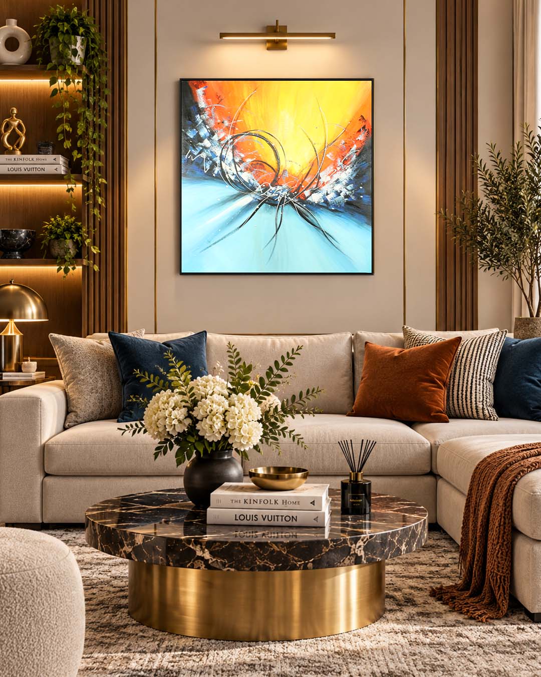 Elemental orange and turquoise abstract painting above a sofa in a living room