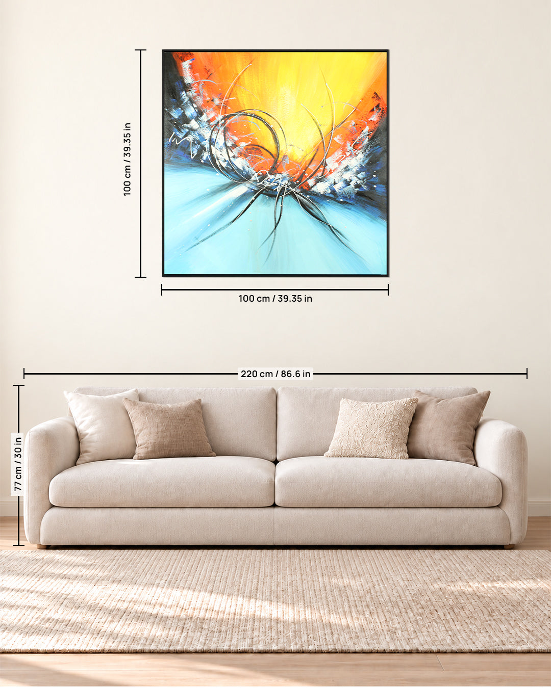 Elemental orange and turquoise abstract painting size guide above a sofa